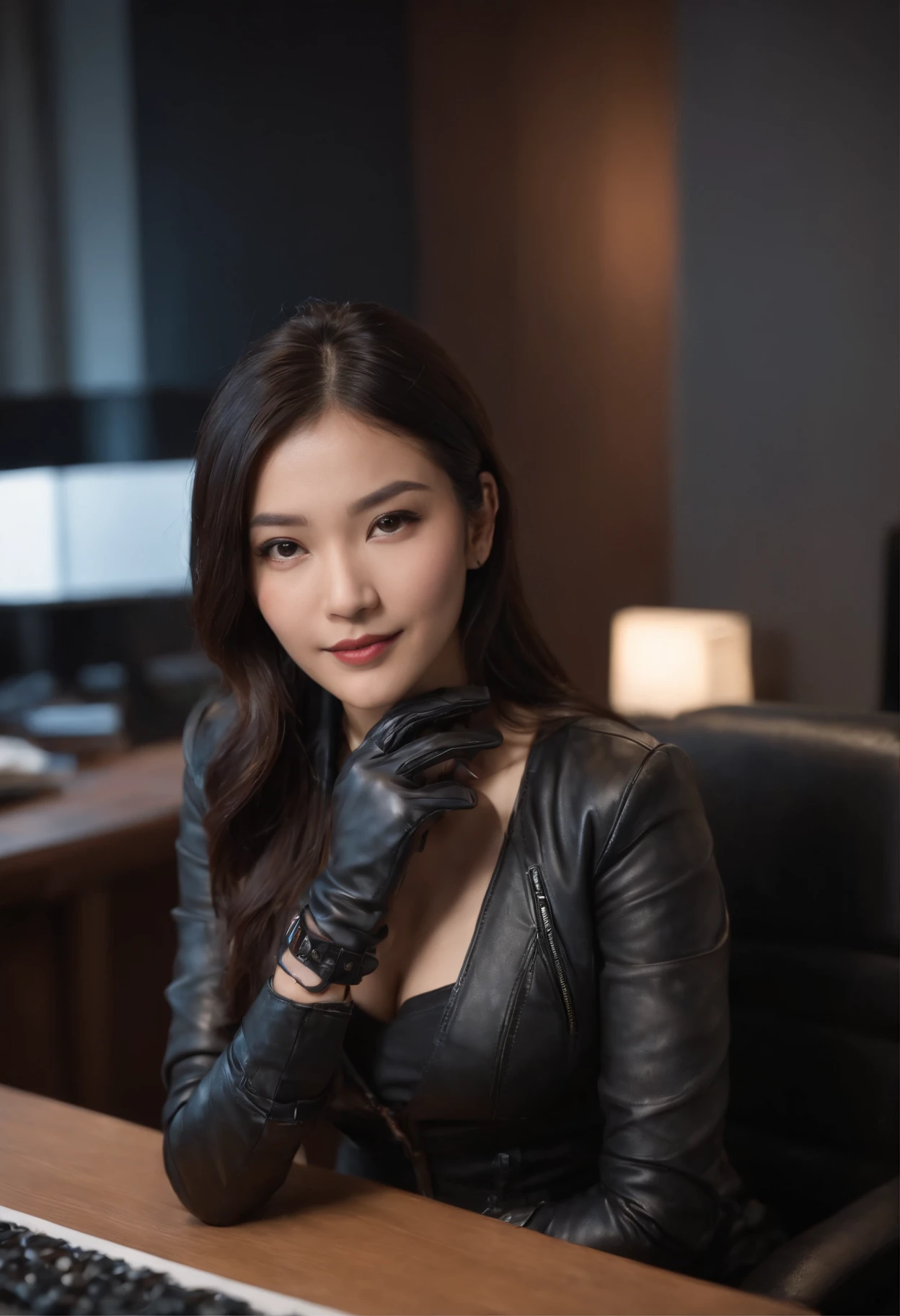 Wearing black leather gloves in both hands Upper body Black leather riders jacket Necklace on the chest Facing the desk in the modern study in the dark, looking down and smiling, long straight black hair Young Japanese woman (black leather gloves covering both hands) Sitting on a chair with the fingers of black leather gloves and working on the computer