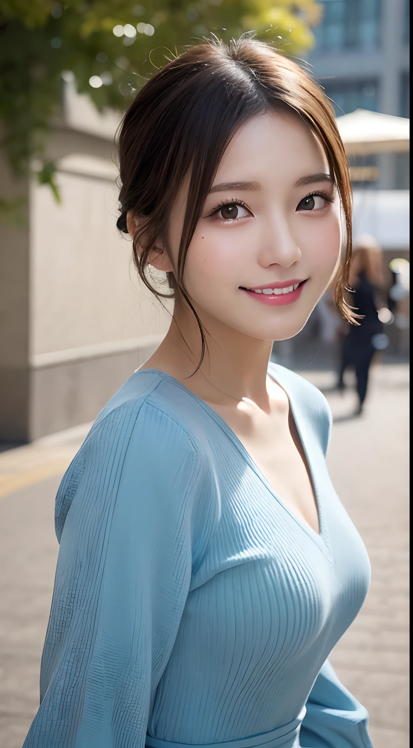 masutepiece, Best Quality, Illustration, Ultra-detailed, finedetail, hight resolution, 8K Wallpaper, Perfect dynamic composition, Beautiful detailed eyes, Glamorous Autumn Dresses,Medium Hair, small tits, Natural color lips, Random and sexy poses,Smile,Aoyama Street Promenade、20 years girl、Gravure Model Pose