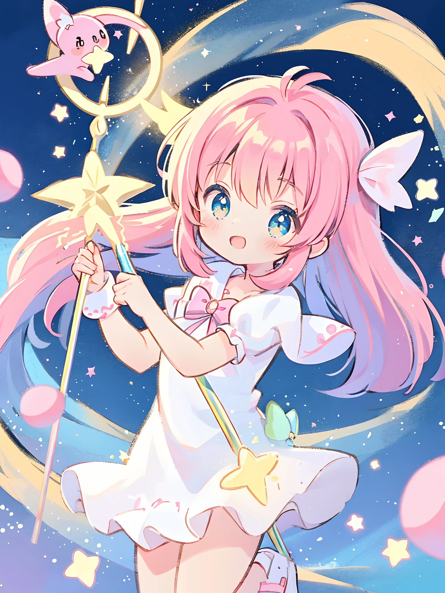 k hd,Anime girl with wand and star wand in her hand, portrait of magical girl, sparkling magical girl, magical girl, cardcaptor sakura, clean and meticulous anime art, magical girl anime mahou shojo, beautiful anime art style, cute anime girl portraits, carrying a magical staff, zerochan art, lovely art style, astral fairy, Soft anime illustration