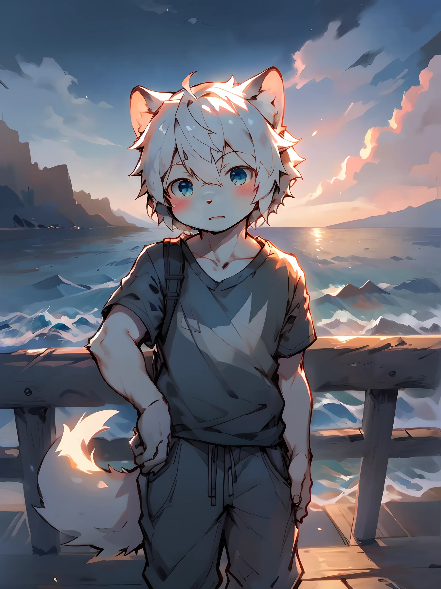 Long shots,Shoot side by side,Dashing wolf furry in casual t-shirt and jeans,Leaning against the railing of the boardwalk,Overlooking the sea。The salty breeze carries the sound of waves and seagulls,He watched as the setting sun tilted below the horizon。boy。He took a deep breath。,Reflect on the adventures of the day,Be grateful for the beauty of the natural world around you。ambient lights、Natural soft light、Tyndall effect、SLR camera、Advanced film lighting、Unreal Engine5、Extremely realistic、A high resolution、adolable,by Pino Daeni, canyne khai, milkytiger1145, Dagasi, Yupa,