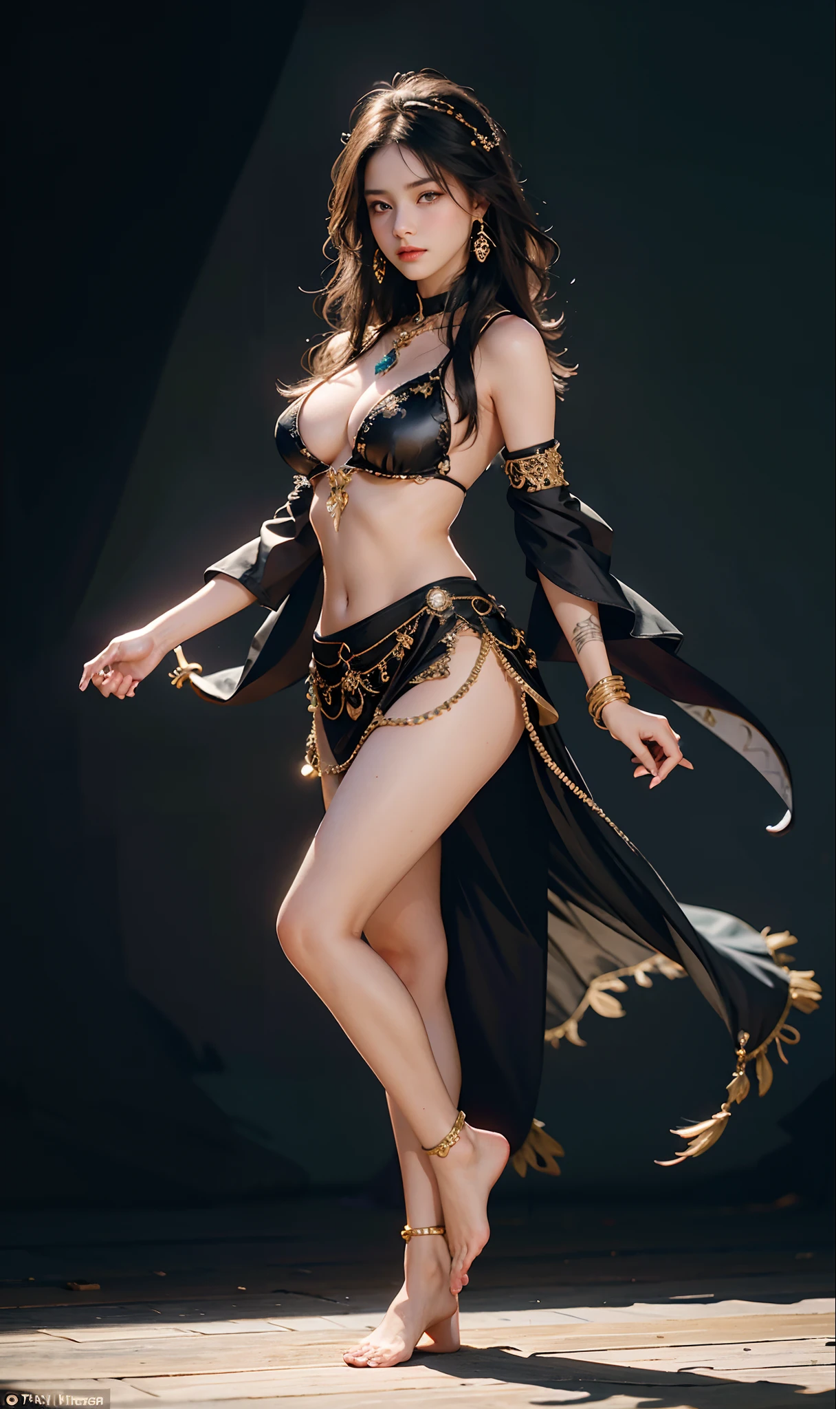 (A desert:1 girl with black hair,Western Region Dancer,Dance), tmasterpiece, best qualtiy, RAW photogr, realisticlying, the face, Incredibly Ridiculous res,, ear studs, (flowing long black hair),eye shadows,Bracelet,head chain,Collar,foot ring,Western style bikini costume,nipple tassels,Tulle skirt,The barefoot,depth of fields, A high resolution, ultra - detailed, filigree, RAWE is very detailed, very detailed eyes and faces, Sharp pupils, realistic pupil, tack sharp focus, cinmatic lighting,full bodyesbian,Bigboobs,long leges,From the front side,banquet,dynamicposes,Normal posture,closeup of face