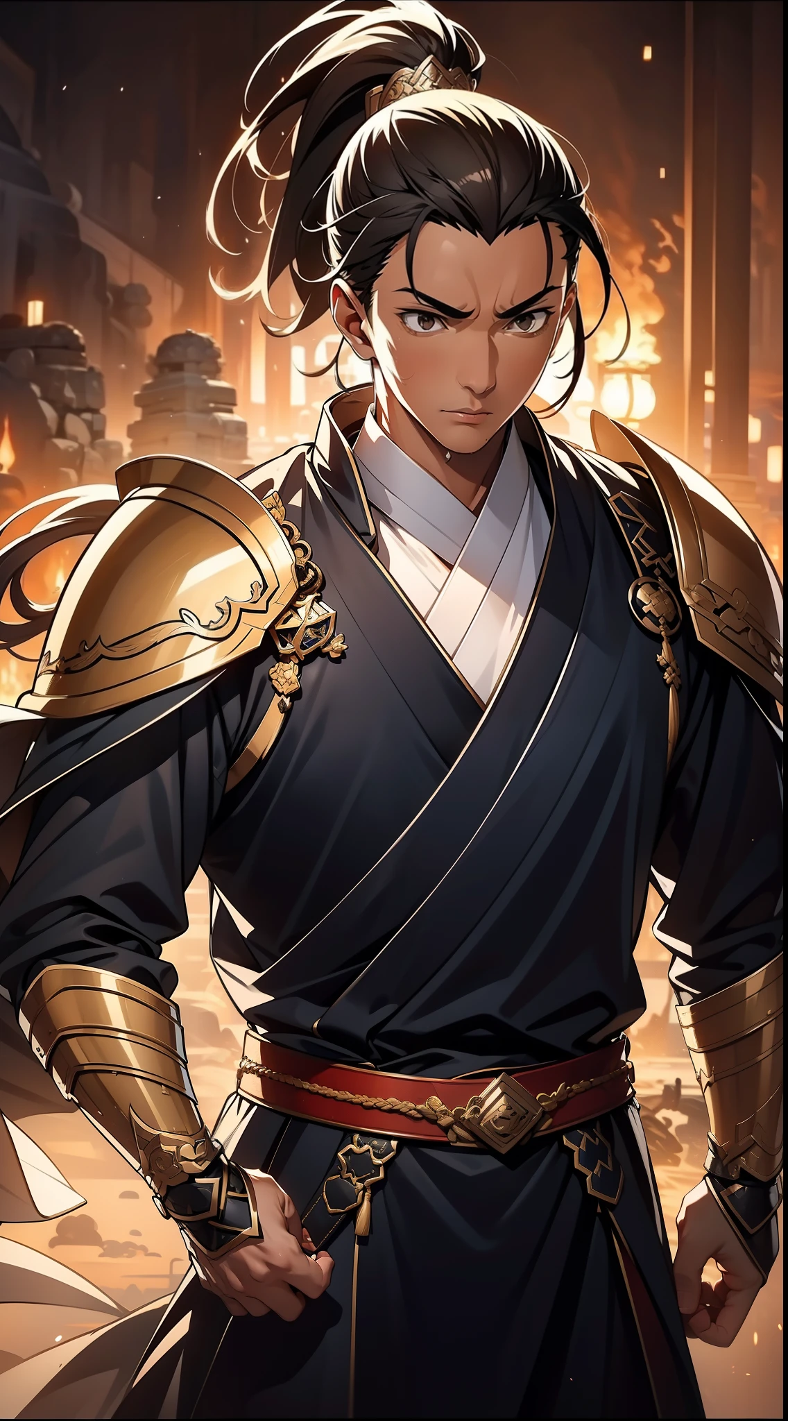 quadratic element，style of anime，mtu（Male Warrior），The proportions are correct，Face details，swordsmen，High ponytail hairstyle，Neck details，（Positive focus），（in the darkness nigth：1），（best qualtiy），（Fidelity：1），filmposter，realistic skin textures，highly  detailed，8k wallpaper，Volumetriclighting，动态照明，A man，Long black ponytail hair，long white robe，white sash，A small amount of armor，Shoulder blades，Waist Guard，Hand Guard，Ancient Chinese wind，attack pose，blood stain，Broken clothes，Ancient Chinese Battlefield，Arrows fly，There is a lot of war，the night，Dramatic composition，Sword qi surrounding，The picture is rich in detail，karo，电影灯光，Clothing is complicated，Perfectcomposition，Refinement，high qulity，higher details，Lots of details，The background is complex，a sense of atmosphere，Game quality，Swordsmanship，Light and shadow tracking，Ray traching，detailed glow，cg render，hair detail，
