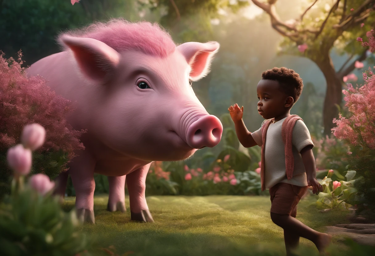 BLACK MALE AFRICAN 5 YEAR OLD SON IN A GARDEN WITH FLUFFY PINK PIG, NATURE, 8K, detailed matte painting, deep color, fantastical, intricate detail, splash screen, complementary colors, fantasy concept art, 8k resolution trending on Artstation Unreal Engine 5"