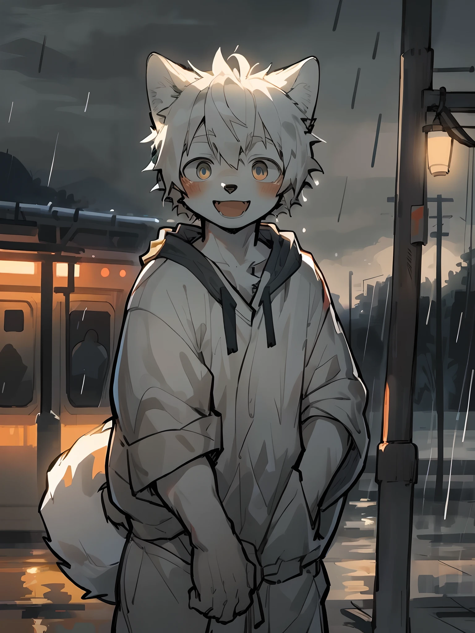 masterpiece, best quality, perfect ???????, bright eyes, watery eyes, by milkytiger1145, by k0bit0wani, furry, wolf, (felis:0.25), male, solo, baggy clothing, (open smile:1.1), gentle, looking at viewer, train station, rain, (waterdrop:0.9), grey sky, raining, (fog:0.4)，by Pino Daeni, canyne khai, milkytiger1145, Dagasi, Yupa，
