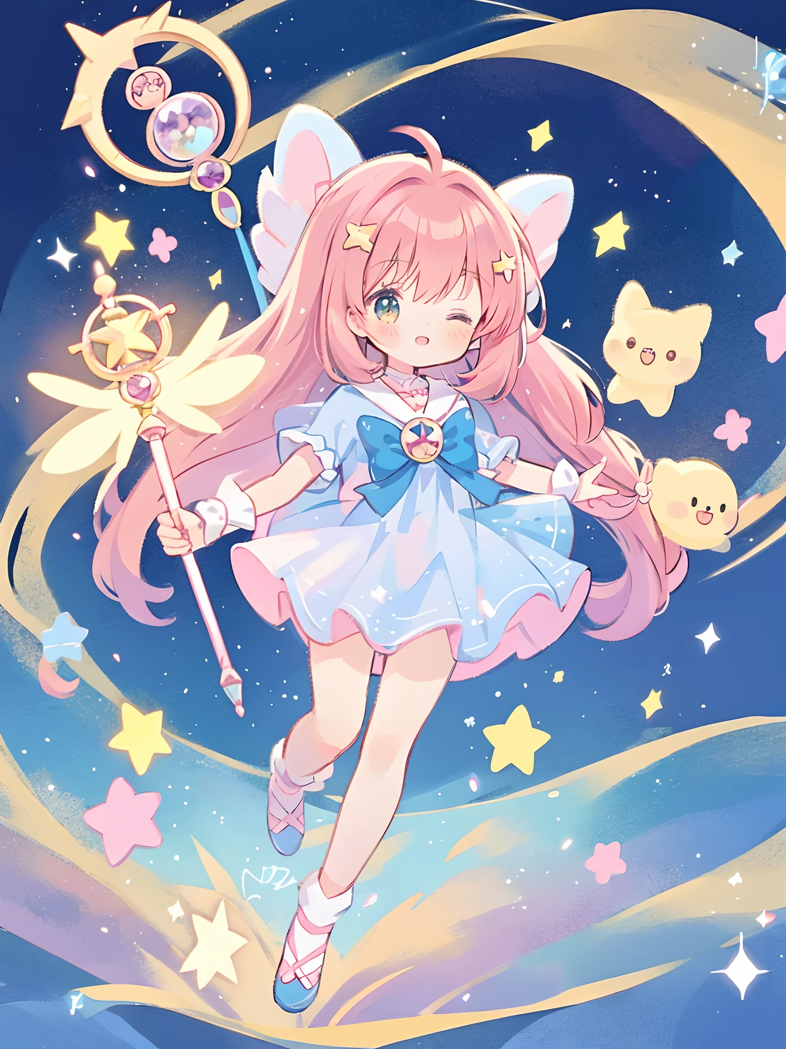 k hd，Anime girl with wand and star wand in her hand, portrait of magical girl, sparkling magical girl, magical  girl, cardcaptor sakura, clean and meticulous anime art, magical girl anime mahou shojo, beautiful anime art style, cute anime girl portraits, carrying a magical staff, zerochan art, lovely art style, astral fairy, Soft anime illustration