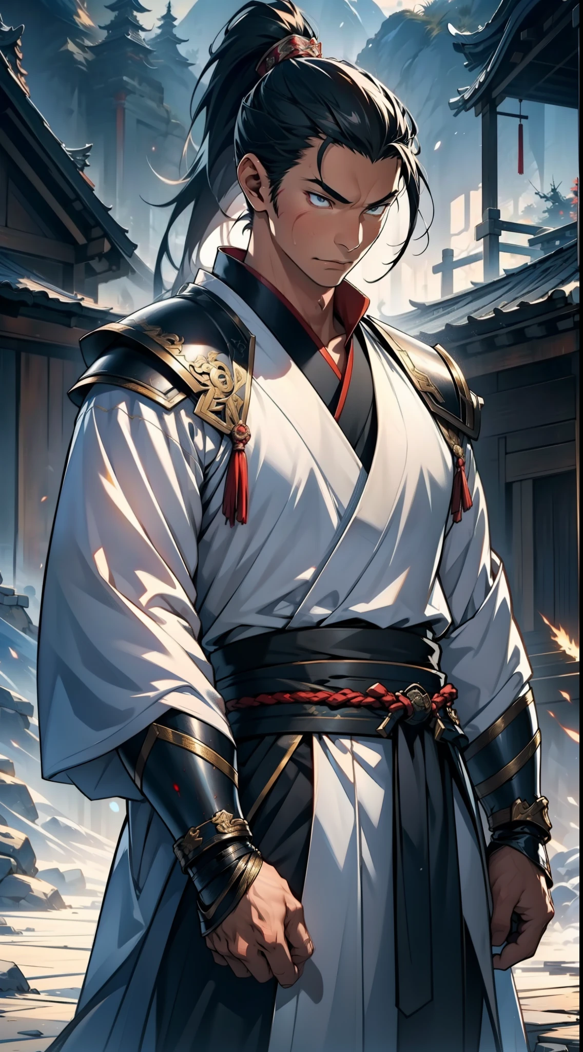 quadratic element,style of anime,mtu(Male Warrior),The proportions are correct,Face details,swordsmen,High ponytail hairstyle,Neck details,(Positive focus),(in the darkness nigth:1),(best qualtiy),(Fidelity:1),filmposter,realistic skin textures,highly detailed,8k wallpaper,Volumetriclighting,动态照明,A man,Long black ponytail hair,long white robe,white sash,A small amount of armor,Shoulder blades,Waist Guard,Hand Guard,Ancient Chinese wind,attack pose,blood stain,Broken clothes,Ancient Chinese Battlefield,Arrows fly,There is a lot of war,the night,Dramatic composition,Sword qi surrounding,The picture is rich in detail,karo,电影灯光,Clothing is complicated,Perfectcomposition,Refinement,high qulity,higher details,Lots of details,The background is complex,a sense of atmosphere,Game quality,Swordsmanship,Light and shadow tracking,Ray traching,detailed glow,cg render,hair detail,