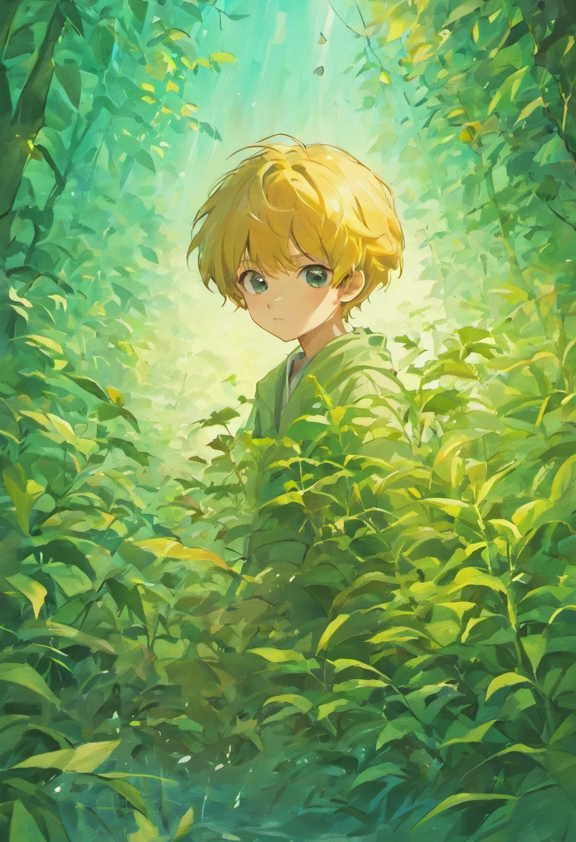 A boy with his back to an avalanche,Surrounded by wicker,Willow leaves flutter,A leaf knows autumn,Holding a fish tank in his hand,There were no fish in the tank, This is a sight of the mountains, Rivers and oceans,anime big breast