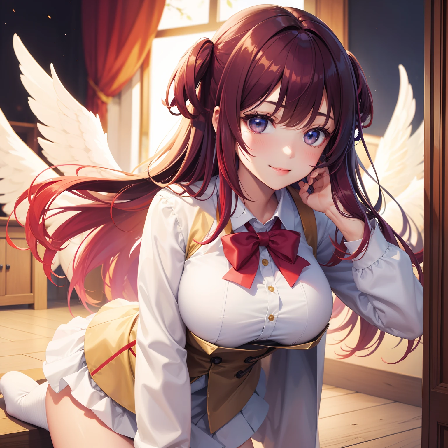 Beautiful girl with angel wings, backgroundbacklighthigh-resolution ,top-quality,Beautiful Beautiful Girl,超A high resolution,A smile,Perfect Beautiful Girl,Colossal tits,校服、blazers,multicolored hair,harems,校服,blazers,
