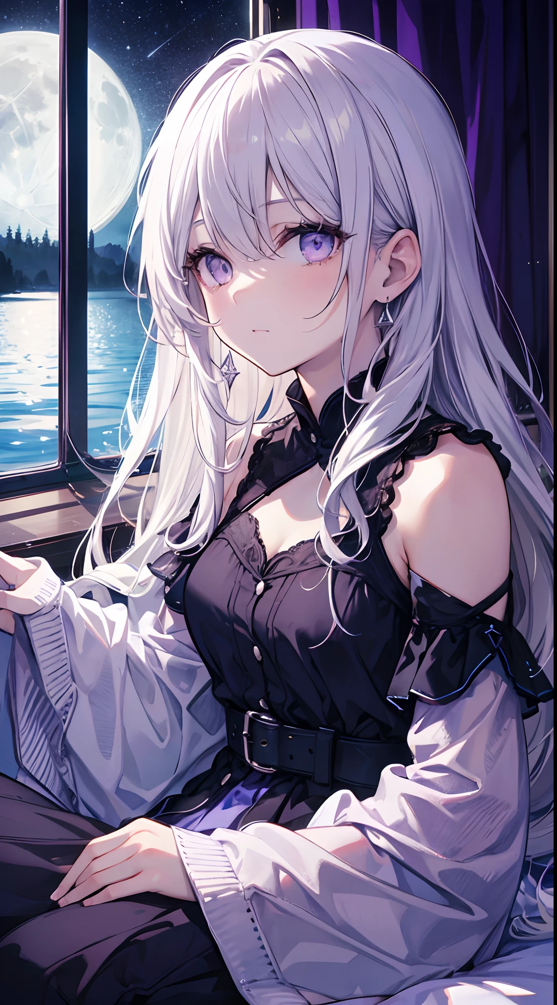 High resolution, top quality, illustration, cinematic light, ultra detail, detailed face, (detailed eyes), highest quality, super detail, masterpiece, (detailed face), girl alone, girl, gray hair, purple eyes, best detail, glowing eyes, moderate breathing, sitting in bed, sitting, bed, window, night sky, lake outside, moon, full moon, backlight, rays, (high contrast), (colorful),