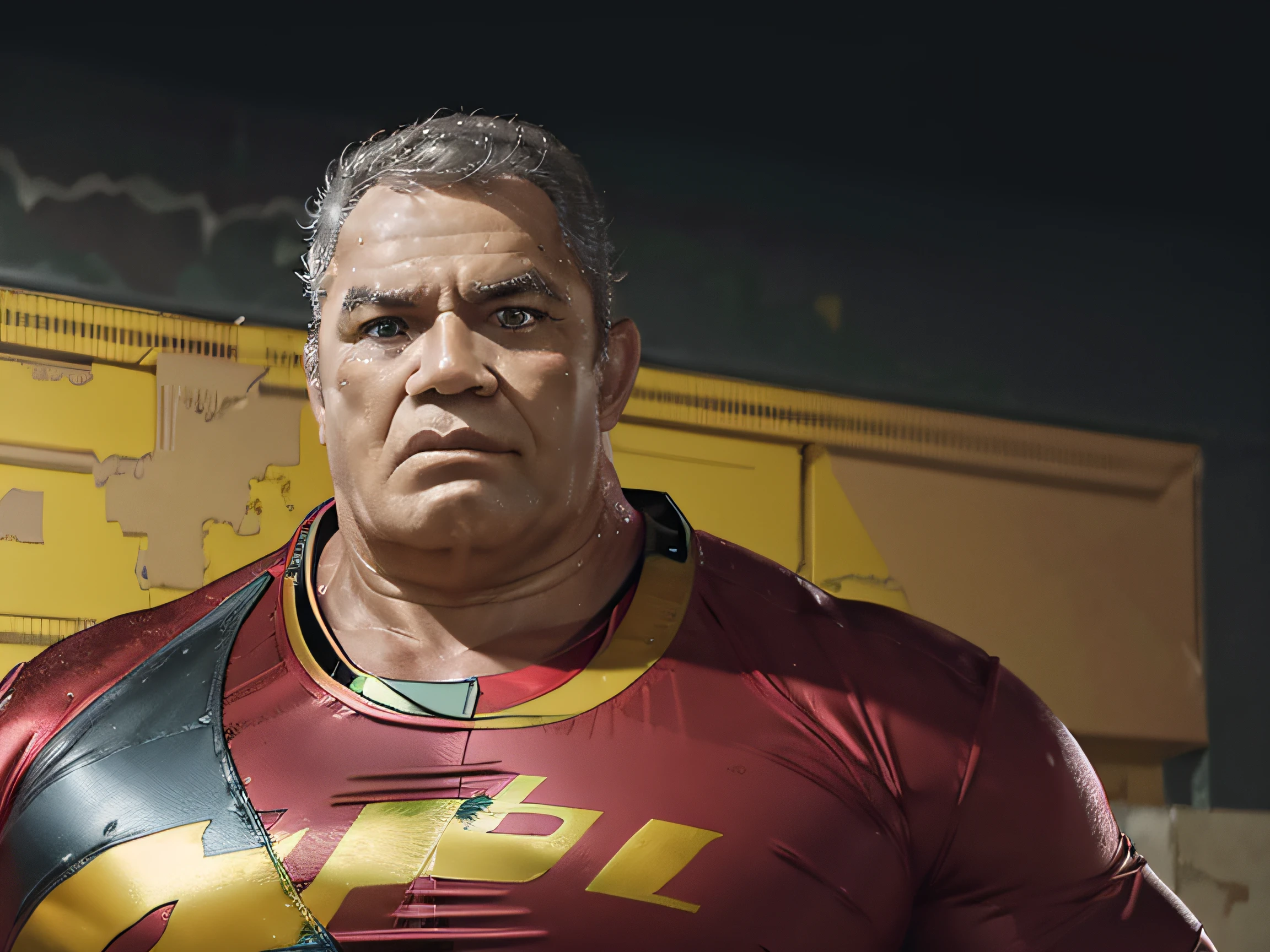 Sr. incredible, [corpo inteiro 1.5], Strong man in red hero uniform, pele limpa, Black logo with a yellow split, Arte 3D, octan render, 8k