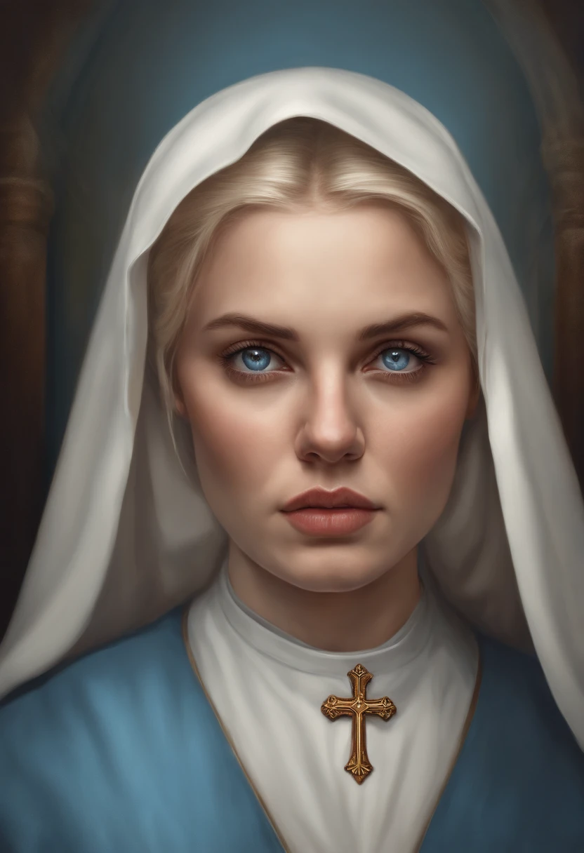 nun in their 30's medium bust, blonde hair, blue eyes, slightly chubby cheeks and a pouty expression, disgusted look, determined frustrated look, slight blush holding a cross in the image and hands clasped together as if praying looking at viewer