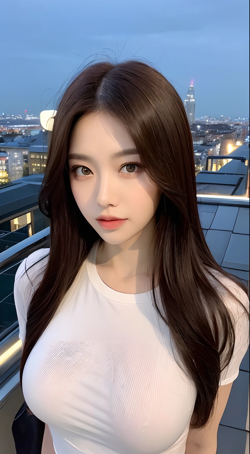 ((Midnight, Best quality, 8k, Masterpiece :1.3)), Whole body, Long legs, Sharp focus :1.2, A pretty woman with perfect figure :1.4, Slender abs :1.1, ((Dark brown hair, Big breasts :1.2)), (White tight tshirt, Jean bib, Standing:1.2), ((Night city view, Rooftop:1.3)), Highly detailed face and skin texture, Detailed eyes, Double eyelid