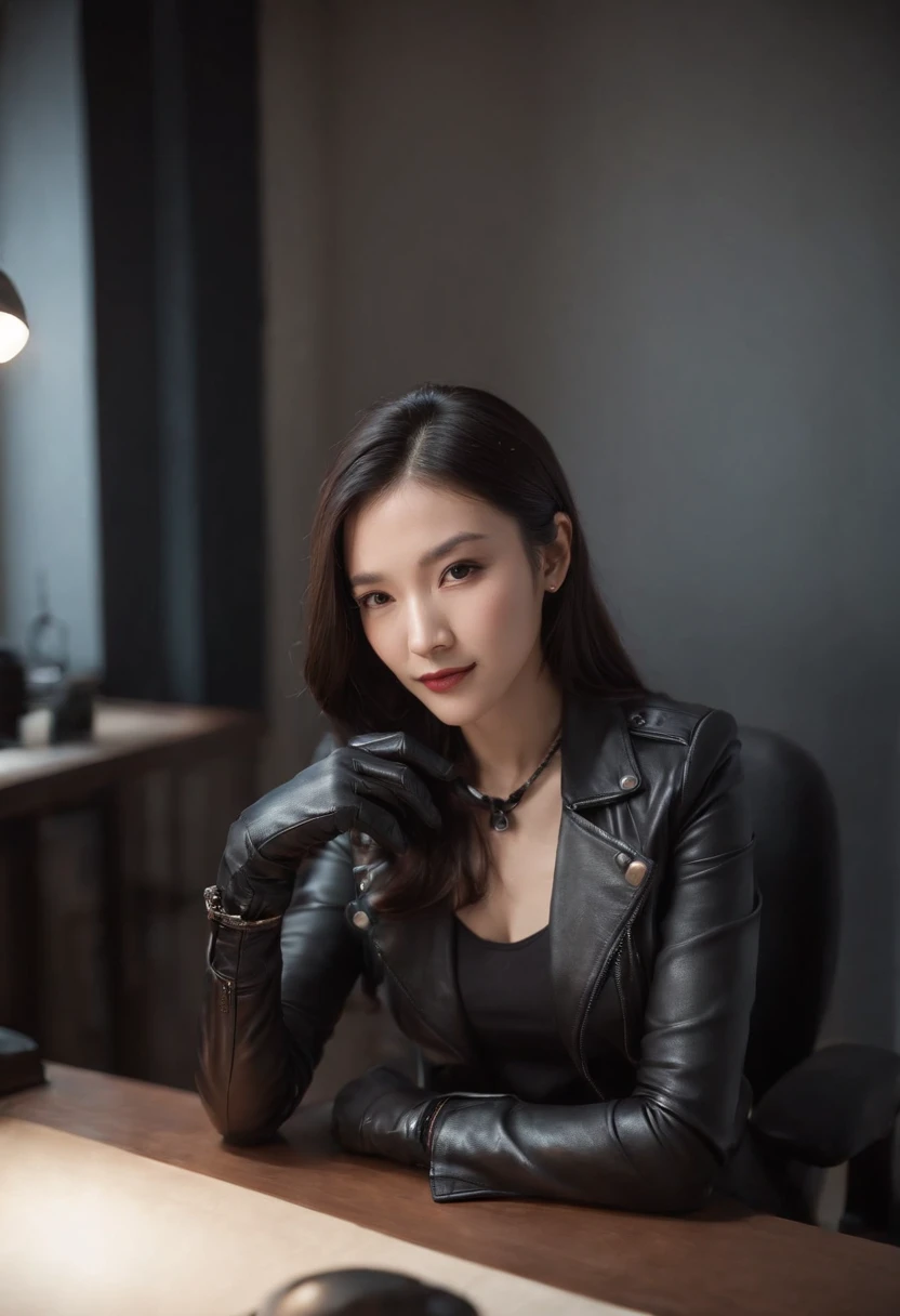 Wearing black leather gloves in both hands Upper body Black leather riders jacket Necklace on the chest Facing the desk in the modern study in the dark, looking down and smiling, long straight black hair Young Japanese woman (black leather gloves covering both hands) Sitting on a chair with the fingers of black leather gloves and working on the computer