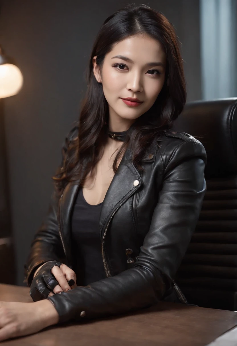 Wearing black leather gloves in both hands Upper body Black leather riders jacket Necklace on the chest Facing the desk in the modern study in the dark, looking down and smiling, long straight black hair Young Japanese woman (black leather gloves covering both hands) Sitting on a chair with the fingers of black leather gloves and working on the computer