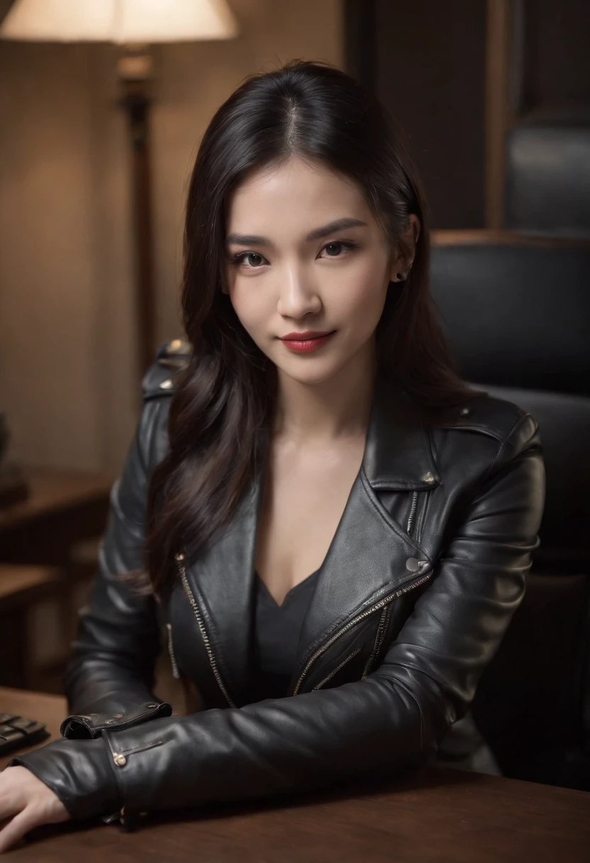 Wearing black leather gloves in both hands Upper body Black leather riders jacket Necklace on the chest Facing the desk in the modern study in the dark, looking down and smiling, long straight black hair Young Japanese woman (black leather gloves covering both hands) Sitting on a chair with the fingers of black leather gloves and working on the computer