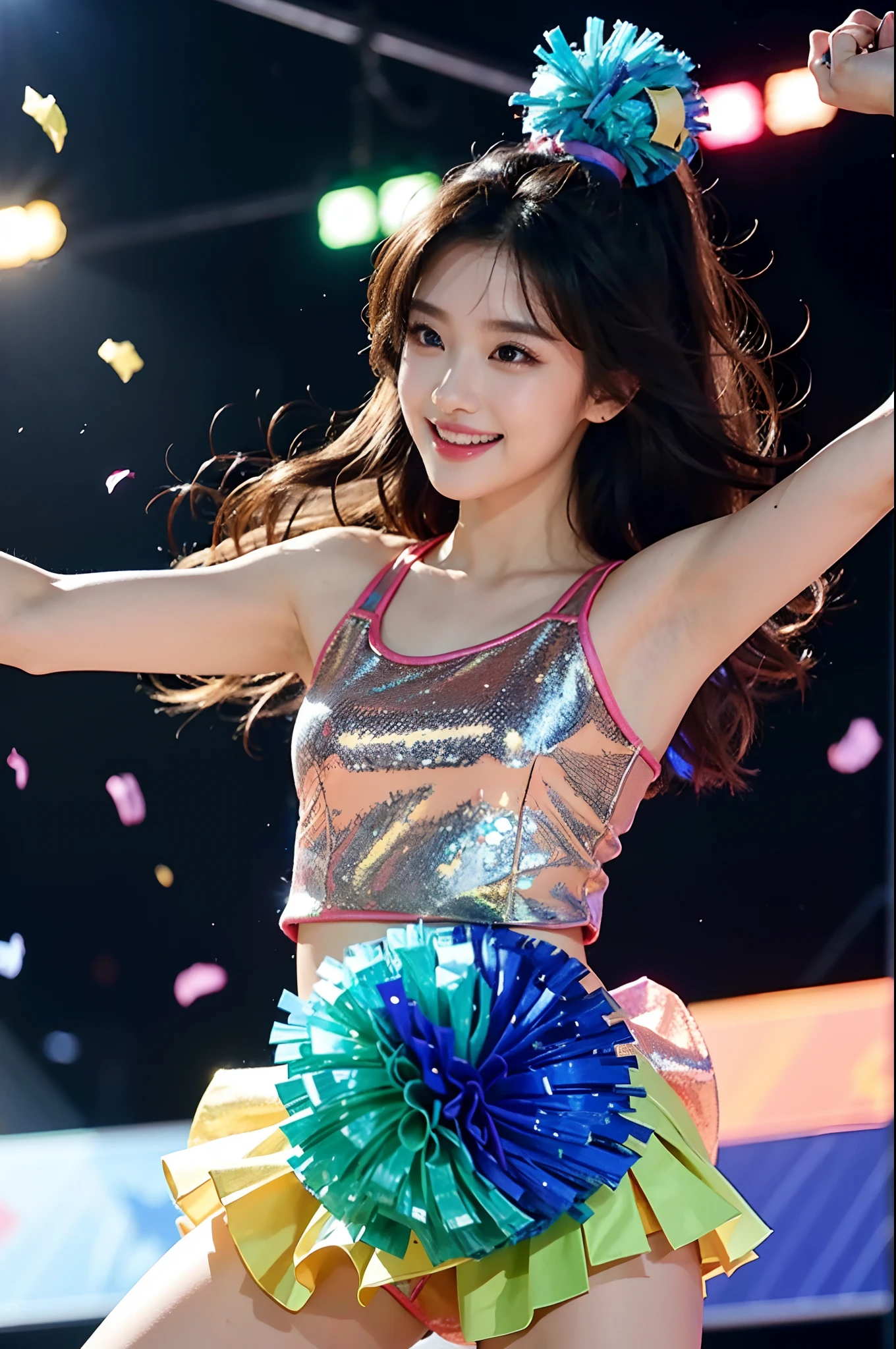 Beautiful Korean idol cheerleader
posters,Painting,high resolution,Ultra-detailed,Realistic:1.37,Vivid colors,hdr,Studio lighting,Sharp focus,
Dance energetically,Smiling happily,Perfect makeup,Stunning costumes,
crowd cheering,exciting atmosphere,dynamicposes,Expressive movements,
Beautiful hair,Sparkling eyes,rosycheeks,full pouty lips,
Colorful pompoms,Flying confetti,Glowing spotlights,
Engaging performance,Spirited cheers,Unforgettable memories