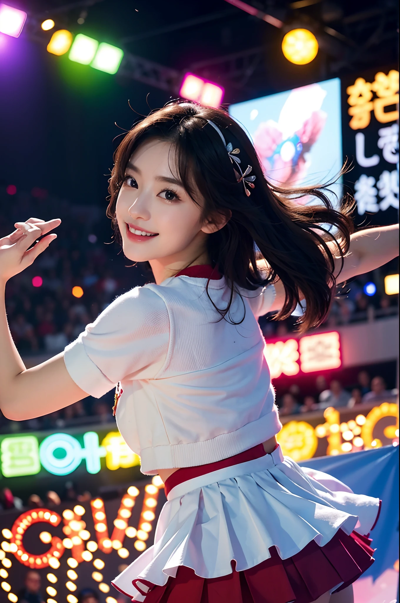 Beautiful Korean idol cheerleader
posters,Painting,high resolution,Ultra-detailed,Realistic:1.37,Vivid colors,hdr,Studio lighting,Sharp focus,
Dance energetically,Smiling happily,Perfect makeup,Stunning costumes,
crowd cheering,exciting atmosphere,dynamicposes,Expressive movements,
Beautiful hair,Sparkling eyes,rosycheeks,full pouty lips,
Colorful pompoms,Flying confetti,Glowing spotlights,
Engaging performance,Spirited cheers,Unforgettable memories