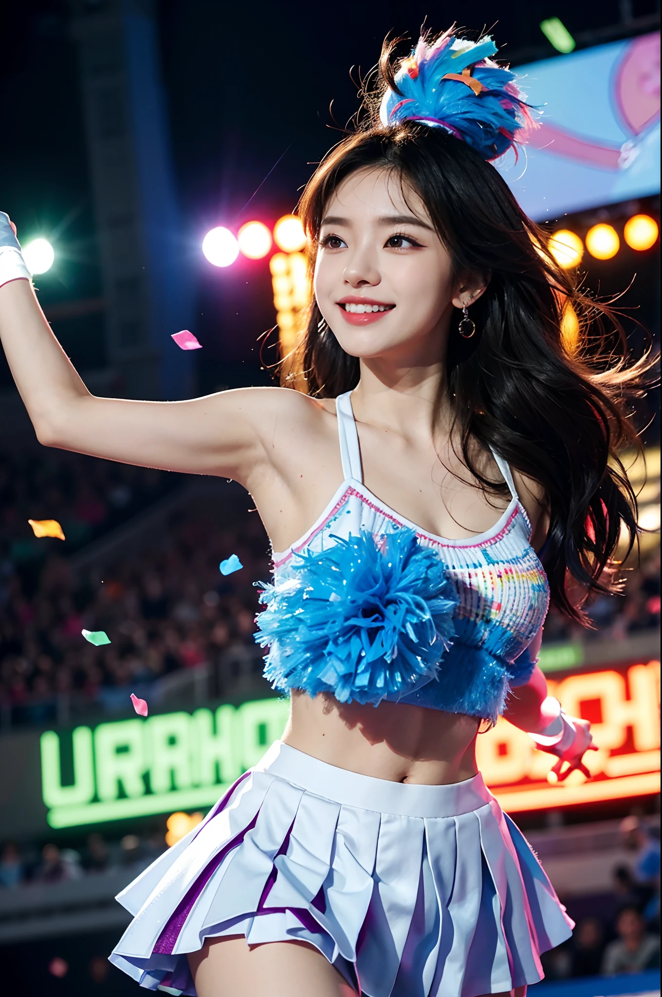Beautiful Korean idol cheerleader
posters,Painting,high resolution,Ultra-detailed,Realistic:1.37,Vivid colors,hdr,Studio lighting,Sharp focus,
Dance energetically,Smiling happily,Perfect makeup,Stunning costumes,
crowd cheering,exciting atmosphere,dynamicposes,Expressive movements,
Beautiful hair,Sparkling eyes,rosycheeks,full pouty lips,
Colorful pompoms,Flying confetti,Glowing spotlights,
Engaging performance,Spirited cheers,Unforgettable memories