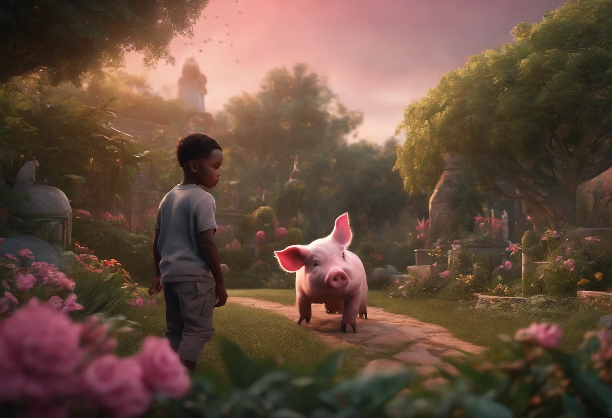 BLACK MALE AFRICAN 5 YEAR OLD SON IN A GARDEN WITH FLUFFY PINK PIG, NATURE, 8K, detailed matte painting, deep color, fantastical, intricate detail, splash screen, complementary colors, fantasy concept art, 8k resolution trending on Artstation Unreal Engine 5"