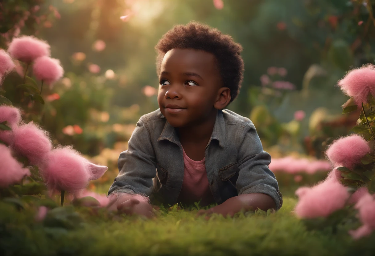BLACK MALE AFRICAN 5 YEAR OLD SON IN A GARDEN WITH FLUFFY PINK PIG, NATURE, 8K, detailed matte painting, deep color, fantastical, intricate detail, splash screen, complementary colors, fantasy concept art, 8k resolution trending on Artstation Unreal Engine 5"