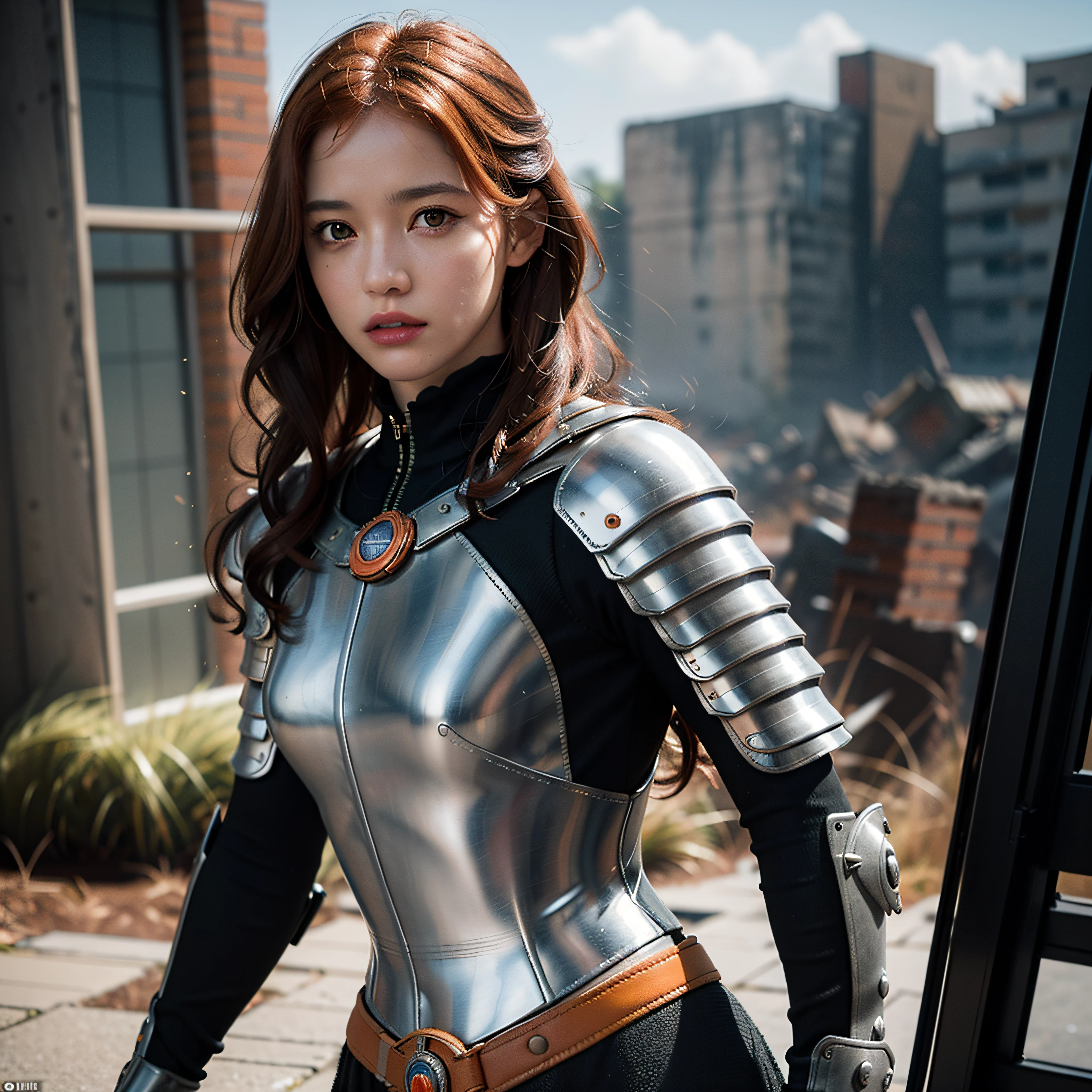 Beautuful Women, Orange Eyes, (blush nose), Detailed eyes, Cinematic, taking photographs:by Greg Rutkowsky, Yoji Shinkawa: 0.6 long curly orange hair, Defined body, Wearing detailed Victorian-era armor (((super strong)), masutepiece, Best Quality, Ultra-detailed, ground, destroyed city background, shadowy, Contrasty, grey sky, Style (look at viewr: 1.2) (Skin Texture) (Film grain: 1.3), Ultra-high resolution, Octane Render, 16 K
