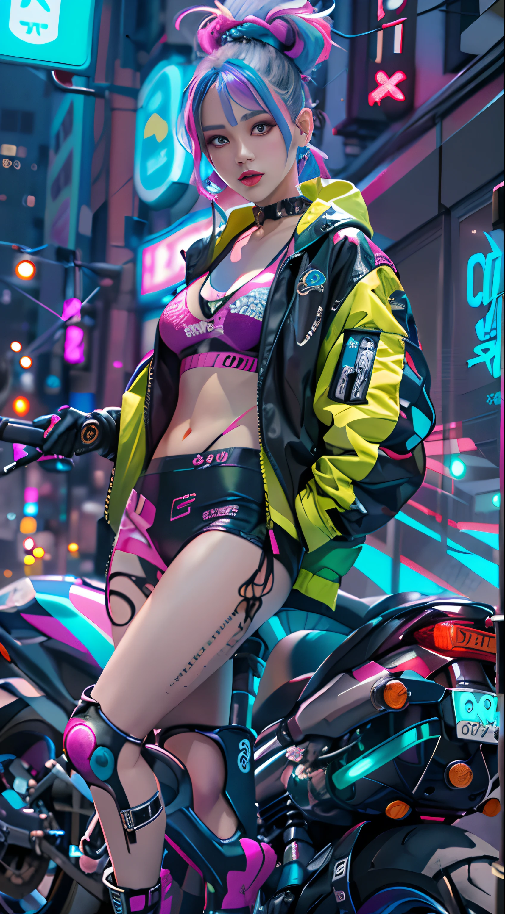 masterpiece, best quality, Confident cyberpunk girl, full body shot, ((standing in front of motorcycle)), Harajuku-inspired pop outfit, bold colors and patterns, eye-catching accessories, trendy and innovative hairstyle, vibrant makeup, Cyberpunk dazzling cityscape, skyscrapers, neon signs, LED lights, bright and vivid color scheme, anime, illustration, detailed skin texture, detailed cloth texture, beautiful detailed face, intricate details, ultra detailed.
