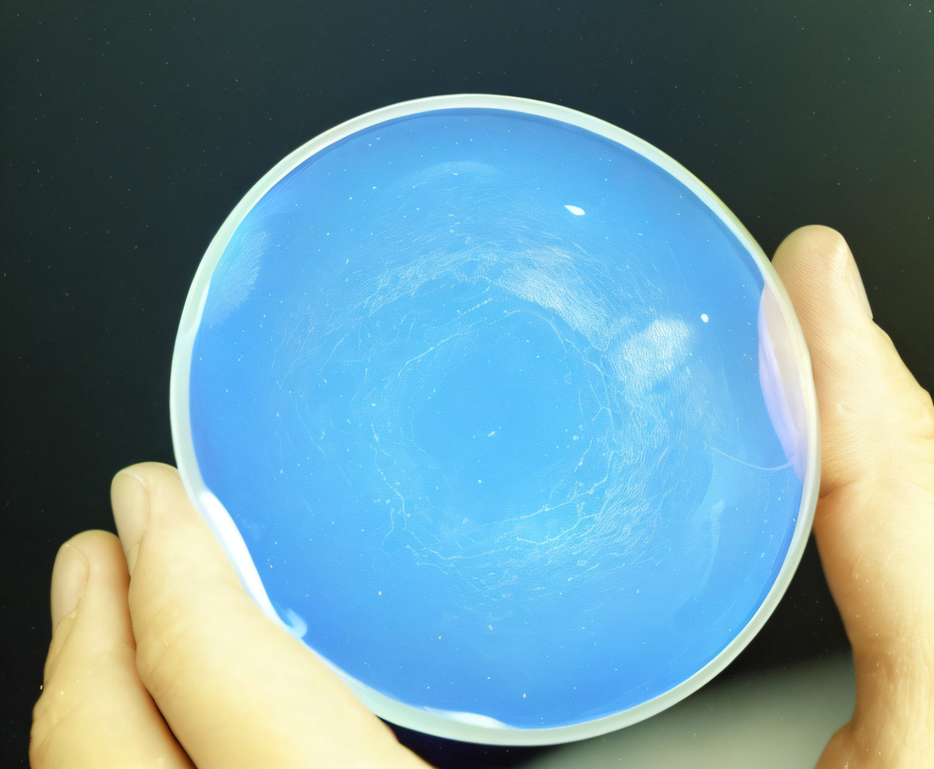 someone holding a blue bowl with a white swirl in it, holograma circular azul, blue translucent resin, spherical lens, Blue bioluminescent plastics, pele de silicone, Tinta azul na parte superior, high-resolution photograph, high-resolution photograph, prato, thin blue arteries, Spherical, a foto mostra um grande, close up fotografia, geleia transparente azul