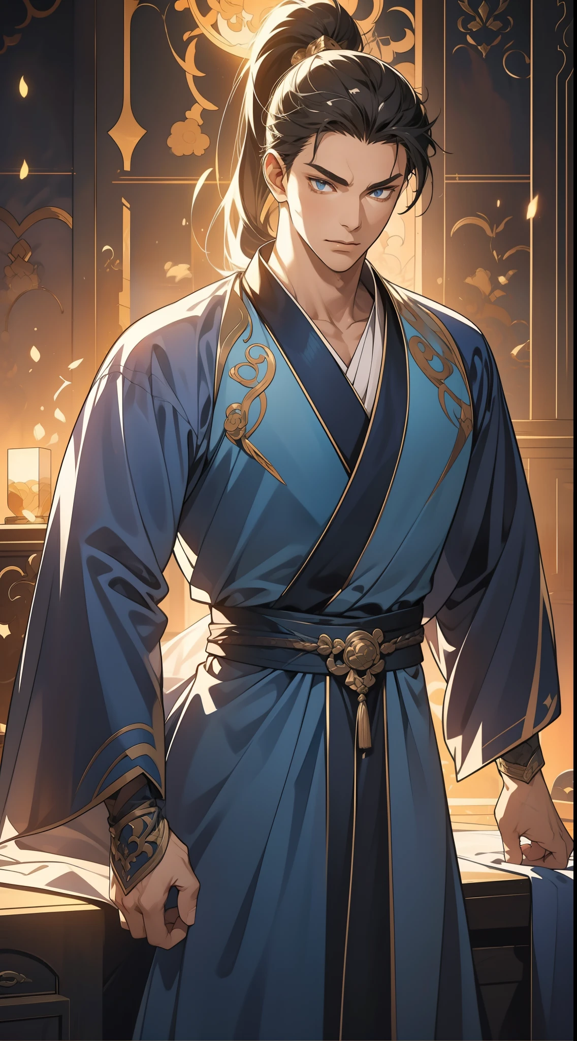 quadratic element,style of anime,mtu(Male Warrior),The proportions are correct,Face details,swordsmen,High ponytail hairstyle,Neck details,There is an Adam's apple,Blue suit,kaftan,long blue robes,clothes details,Handing over,longer sleeves,Game quality,Swordsmanship,Light and shadow tracking,Ray traching,detailed glow,cg render,hair detail,cabelos preto e longos,blue colored eyes,Handsome,Handsome,(juvenile sense),Clothing is complicated,Perfectcomposition,Refinement,high qulity,higher details,Lots of details,The background is complex,a sense of atmosphere,