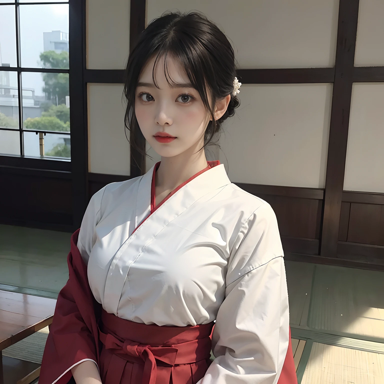 Woman in red skirt and white shirt is taking pictures, japanese girl school uniform, hakama kimono, Japan school uniform, Collar white and red, A Japanese style, Red kimono, Japanese style, traditional japanese, Wearing Hakama, japanese kimono,The background is indoors,The background is indoor,No bra,feet visible ,You can see the valley ,cleavage of the breast ,Furisode ,Wide sleeves ,Wearing a priestess uniform ,shoulders can be seen ,Shoulder skin is visible ,Shoulders exposed