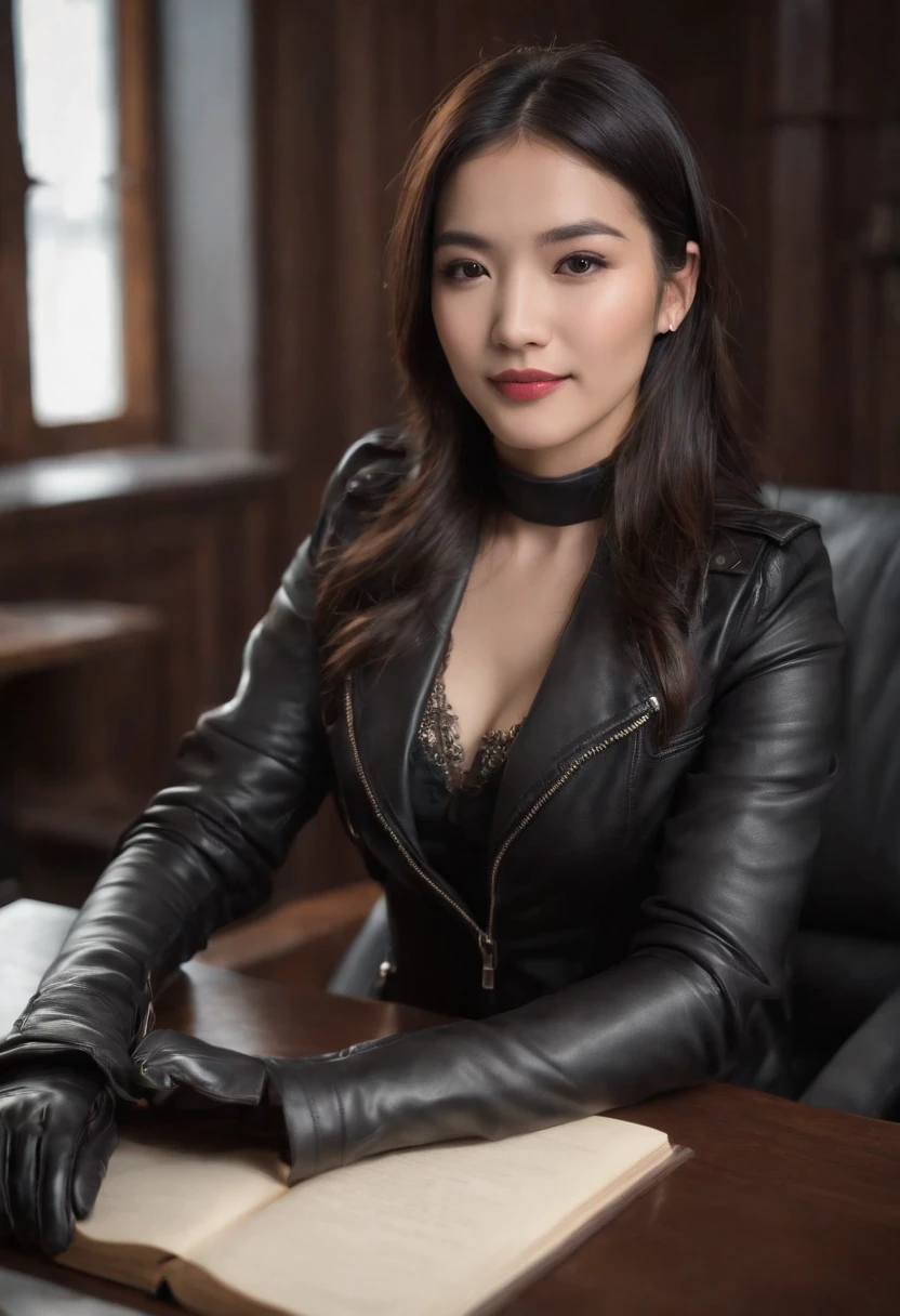 Wearing black leather gloves in both hands Upper body Black leather riders jacket Necklace on the chest Facing the desk in the modern study in the dark, looking down and smiling, long straight black hair Young Japanese woman (black leather gloves covering both hands) Sitting on a chair with the fingers of black leather gloves and working on the computer