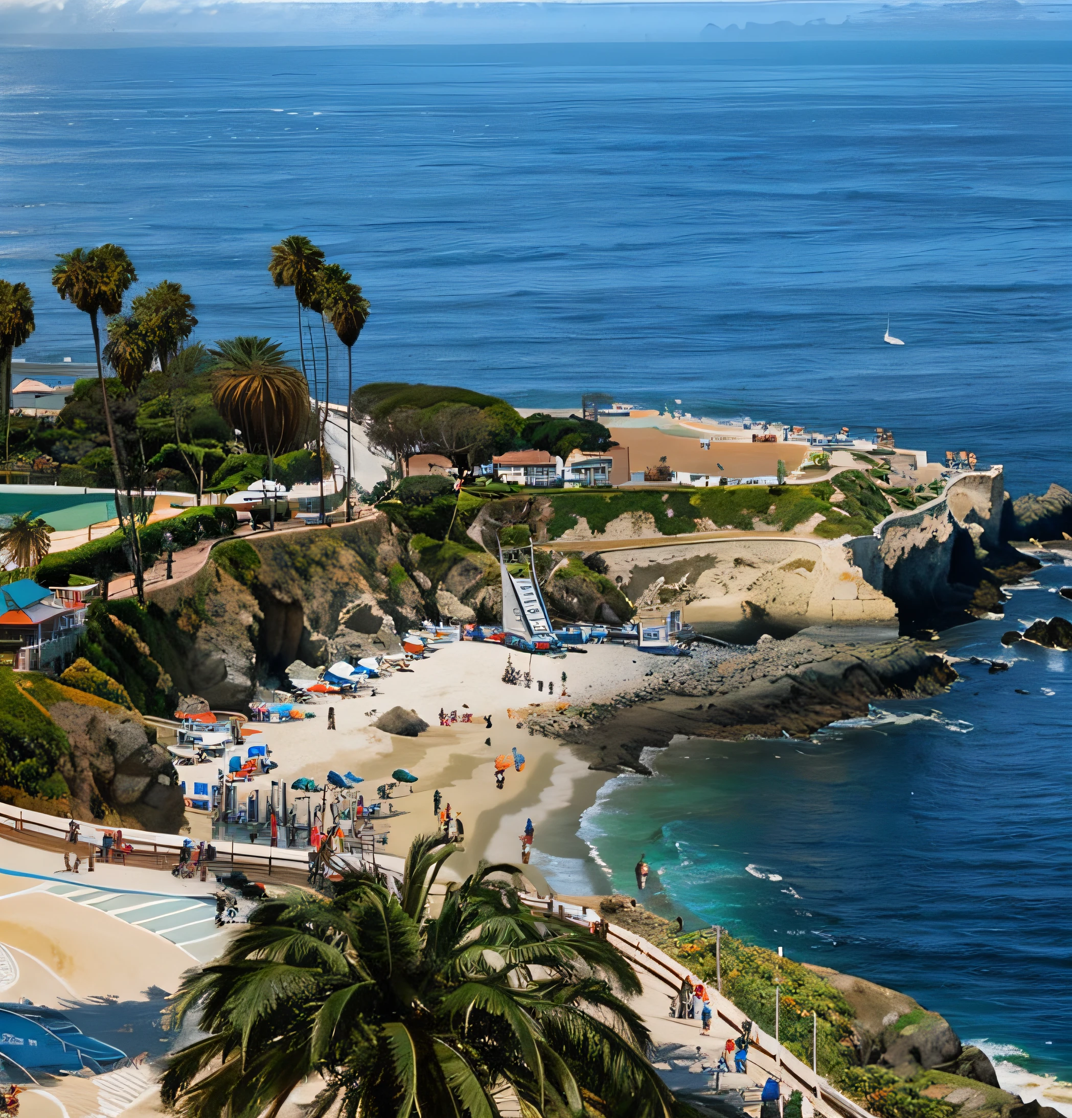 illustrated on a beach with palm trees and people on the water, california coast, tourist destination, pch, overhead shot, southern california, ocean cliff view, beautiful view, oceanside, overlooking the ocean, looking left, overlooking the beach, seaside, seen from above, vista view, split near the left, martin sandiego, resort, on a sunny day, vibrant tourism poster, digital art, retro poster, poster vintage, vintage poster style, dutch, by Jan Asselijn, poster art style, 🪔 🎨;🌞🌄, beautiful retro art, art deco poster, illustrated poster