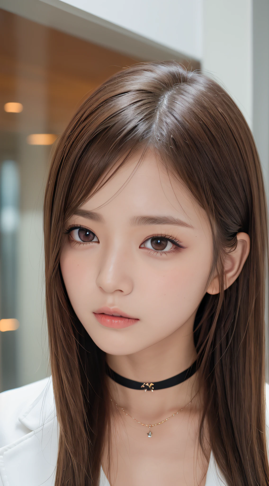 1womanl, (up of face:1.5), light brown hair, Blunt bangs, hair behind ear, hair over shoulder, Long hair, Ultra Fine Face, Thin face, Delicate lips, (beautidful eyes:1.5), thin blush, eyes are light brown,View here, Ultra-thin hands, Ultra-fine fingers, best ratio four finger and one thumb, white longcoat, a choker ,Port Area ,One-person viewpoint,  8K, masutepiece, nffsw, Super Detail, High quality, Best Quality, hight resolution,