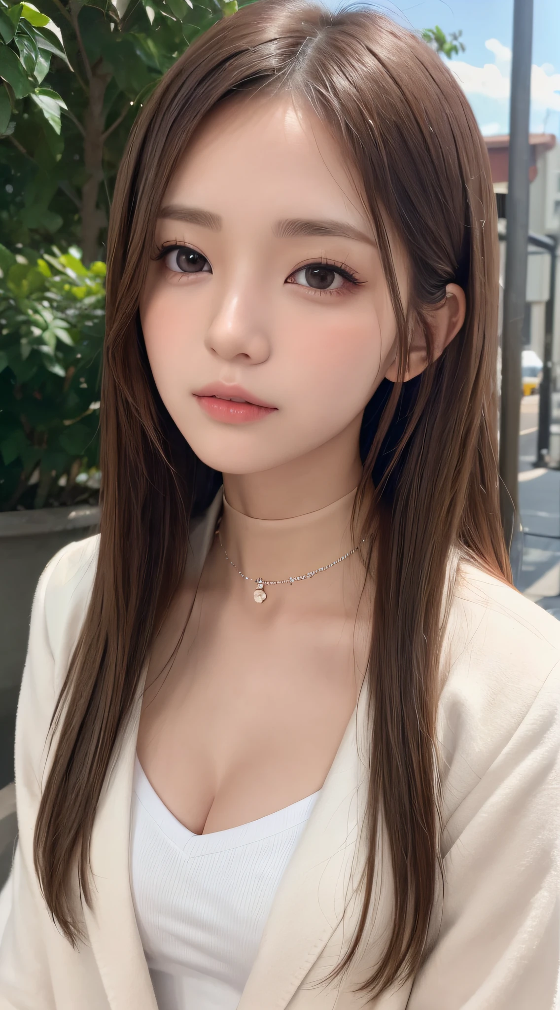 1womanl, (up of face:1.5), light brown hair, Blunt bangs, hair behind ear, hair over shoulder, Long hair, Ultra Fine Face, Thin face, Delicate lips, (beautidful eyes:1.5), thin blush, eyes are light brown,View here, Ultra-thin hands, Ultra-fine fingers, best ratio four finger and one thumb, white longcoat, a choker ,Port Area ,One-person viewpoint,  8K, masutepiece, nffsw, Super Detail, High quality, Best Quality, hight resolution,