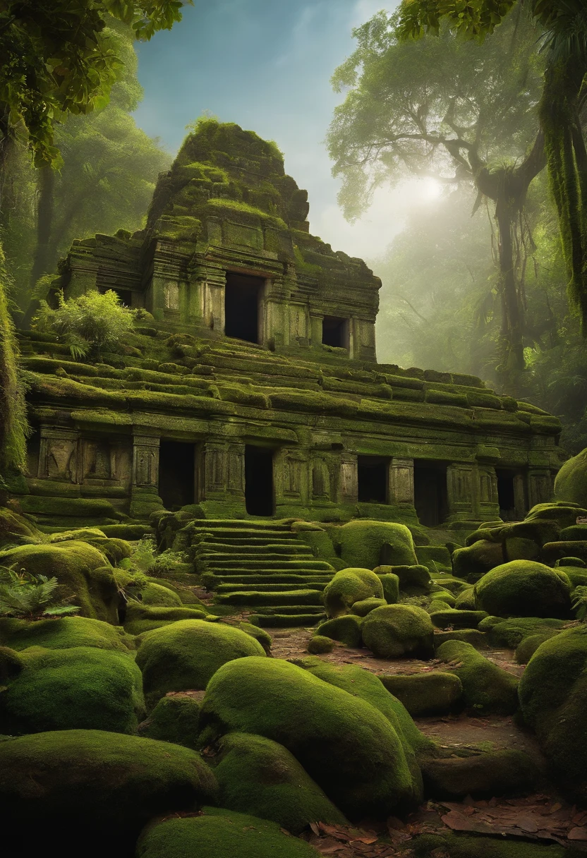 A tropical forest, dense forest, ruins of ancient civilizations in the forest, moss on the building