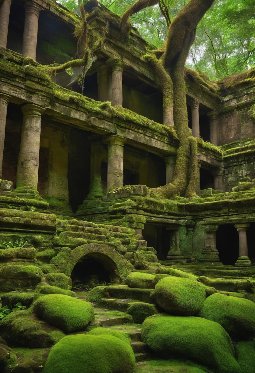 A tropical forest, dense forest, ruins of ancient civilizations in the forest, moss on the building