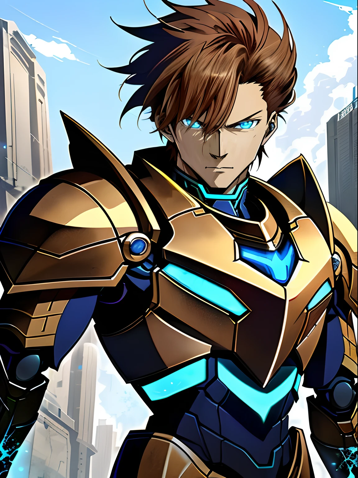 Blue mechanical armor for male anime characters with futuristic looks,brown hair,Brown head eyes, Blue mechanical armor, official character art, Tall anime guy with blue eyes, offcial art,, covered in full metal armor