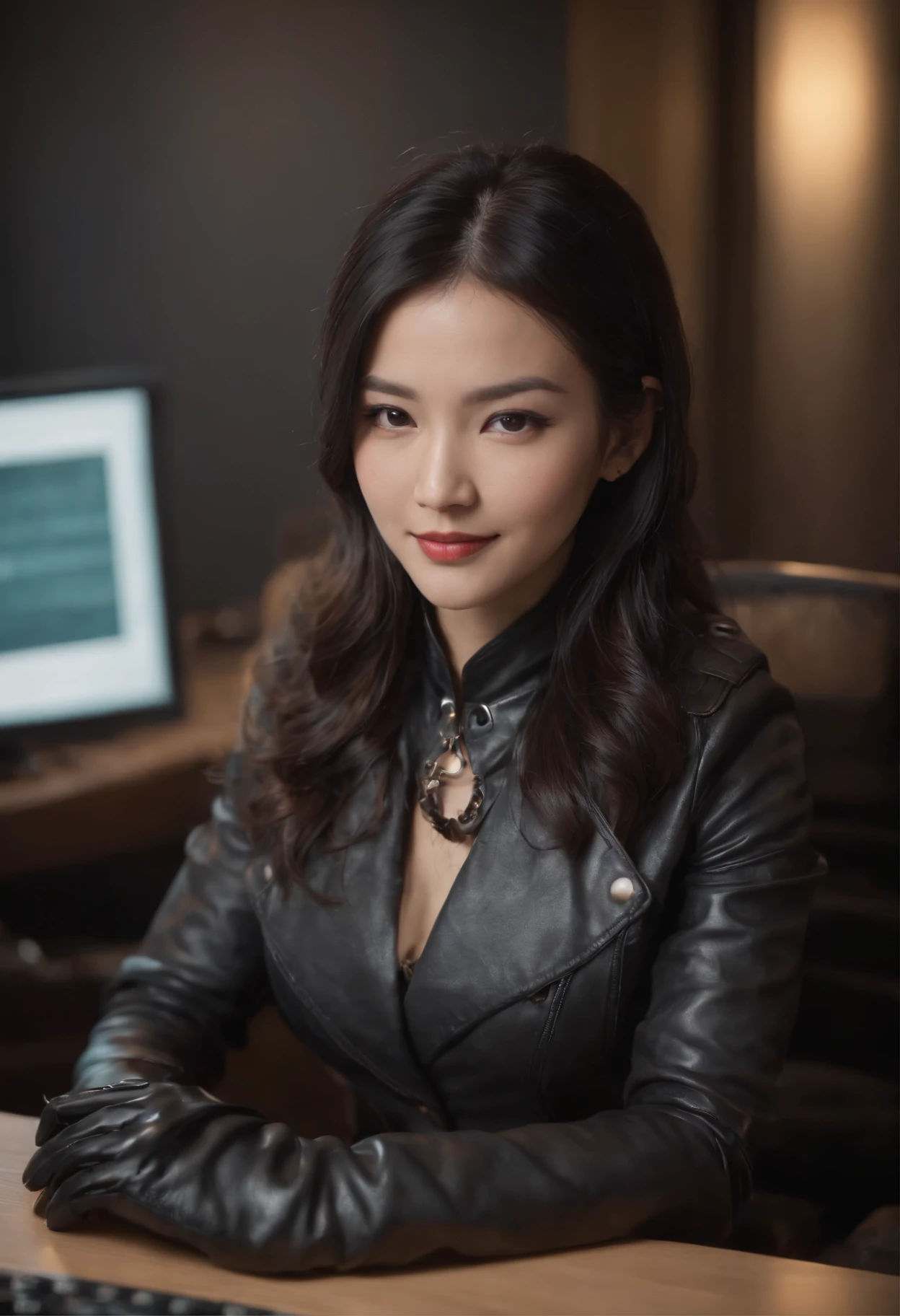 Wearing black leather gloves in both hands Upper body Black leather riders jacket Necklace on the chest Facing the desk in the modern study in the dark, looking down and smiling, long straight black hair Young Japanese woman (black leather gloves covering both hands) Sitting on a chair with the fingers of black leather gloves and working on the computer