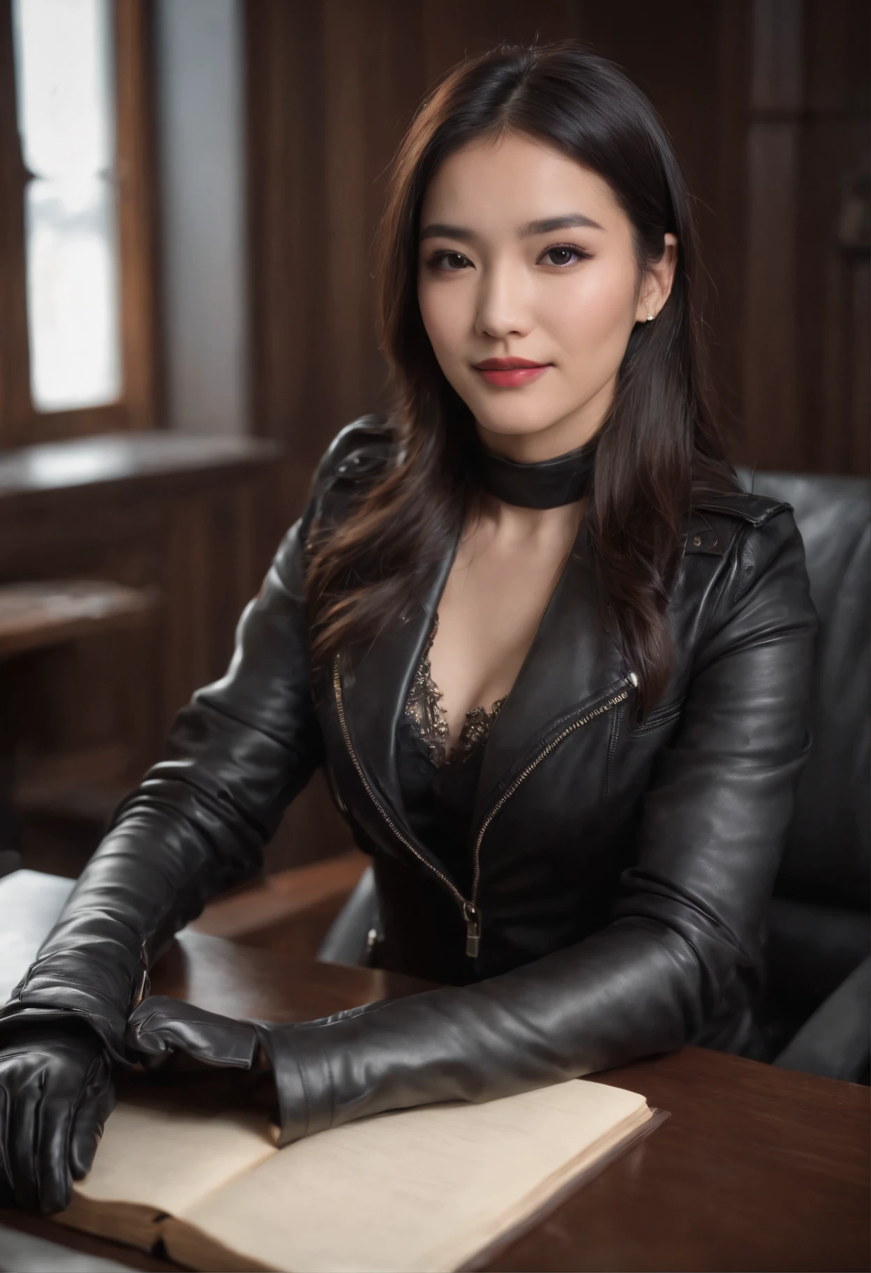 Wearing black leather gloves in both hands Upper body Black leather riders jacket Necklace on the chest Facing the desk in the modern study in the dark, looking down and smiling, long straight black hair Young Japanese woman (black leather gloves covering both hands) Sitting on a chair with the fingers of black leather gloves and working on the computer