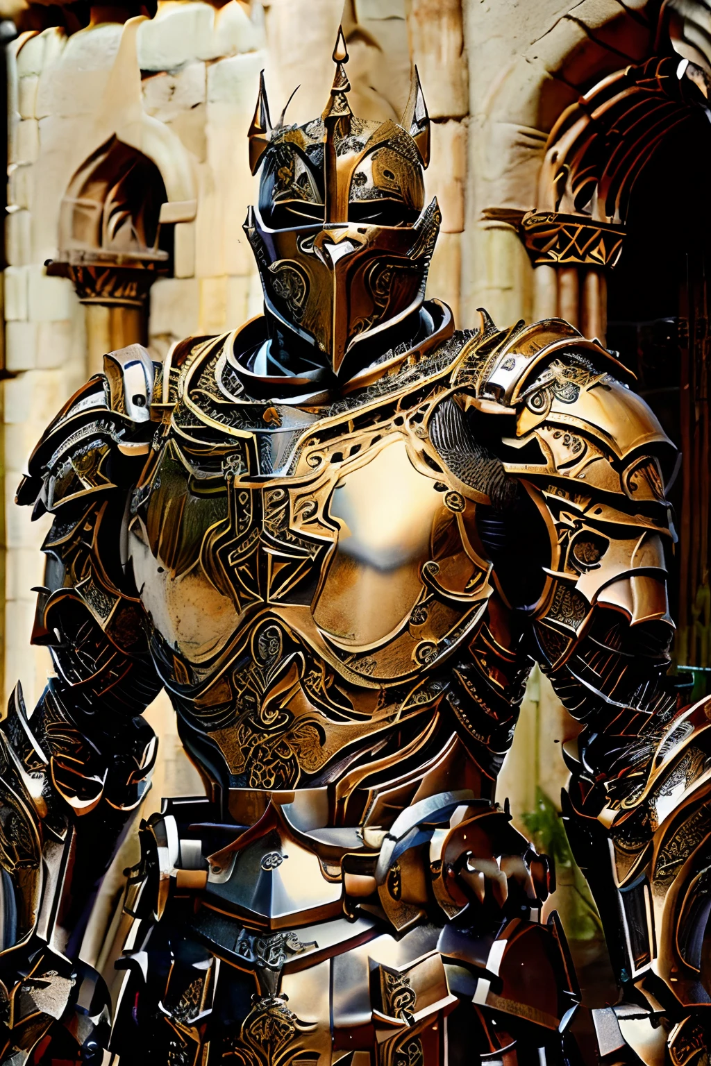 A in a gold armor with a red hood and a cape in the style of SK3LL3T0N
