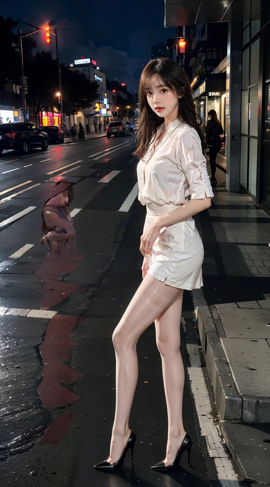 Heavy makeup,Stiletto pointed toe heels,Transparent colorless flesh silk pantyhose,Long legs,8K,On the street,the night,By bangs,Single ball head,tightshortsleeve,Short skirt at the bottom,Two women