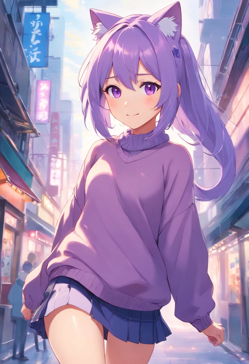 masterpiece, best quality, 1girl, ((looking at viewer)), lilac hair, purple eyes, long hair,  ahoge, sweater, sweater skirt, pantyhose, solo, sole, smile, cat ears, cat tail, fang, catgirl, animal ears