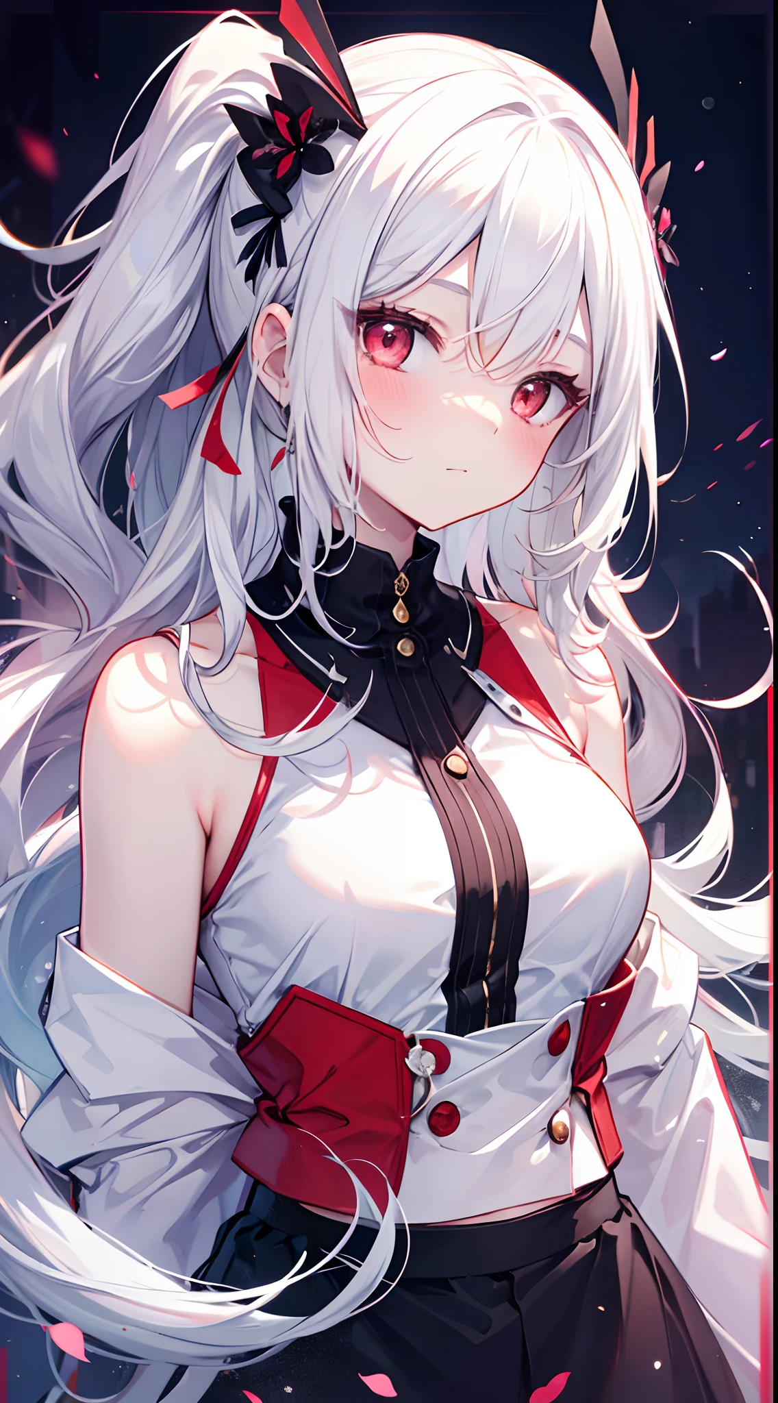 (Max Quality)，(depth of fields)，(Full body)，lovely，rich detail，1girl in，(White hair)，quadratic element，Long ponytail，Light red eyes，Red Hair Accessories，Sleeveless，Open shoulders，Crop topping，Hands placed behind the back，Sideways，[blushed face]，pokerface，，Night，Sateen，rainbow