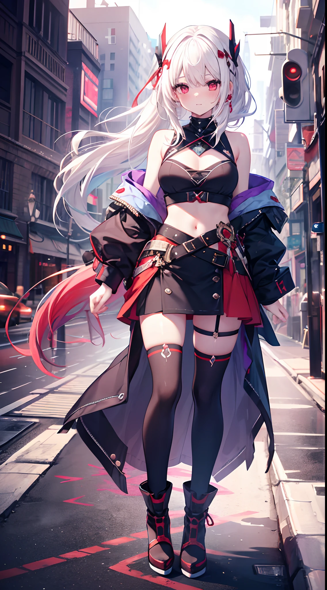 (Max Quality)，(depth of fields)，(Full body)，lovely，rich detail，1girl in，(White hair)，quadratic element，Long ponytail，Light red eyes，Red Hair Accessories，Sleeveless，Open shoulders，Crop topping，Hands placed behind the back，Sideways，[blushed face]，pokerface，，Night，Sateen，rainbow