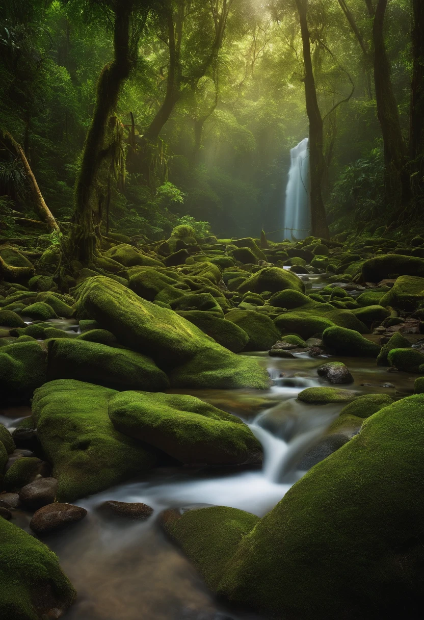 A tropical forest, dense forest, stream running through the middle, large trees, remote and inhospitable place