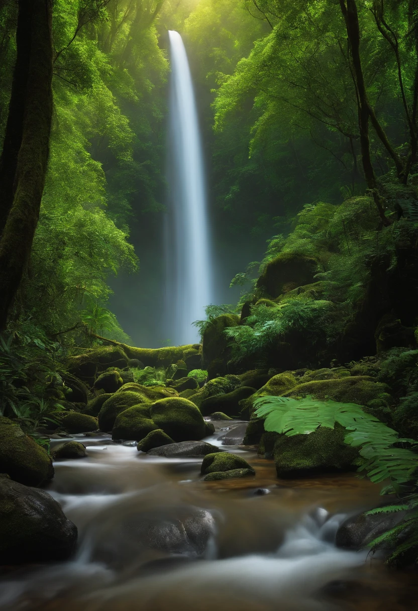 A tropical forest, dense forest, stream running through the middle, large trees, remote and inhospitable place