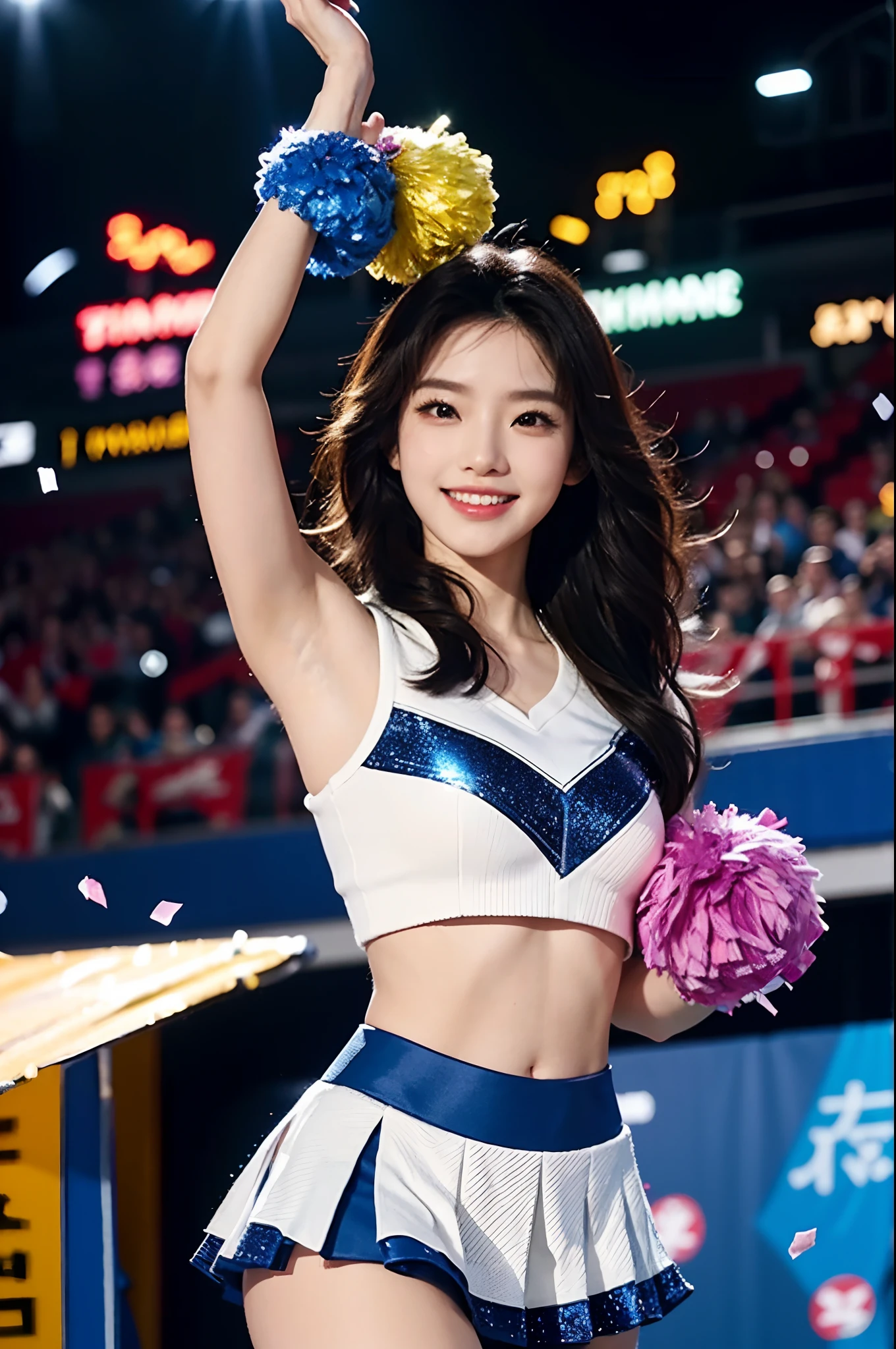 Beautiful Korean idol cheerleader
posters,Painting,high resolution,Ultra-detailed,Realistic:1.37,Vivid colors,hdr,Studio lighting,Sharp focus,
Dance energetically,Smiling happily,Perfect makeup,Stunning costumes,
crowd cheering,exciting atmosphere,dynamicposes,Expressive movements,
Beautiful hair,Sparkling eyes,rosycheeks,full pouty lips,
Colorful pompoms,Flying confetti,Glowing spotlights,
Engaging performance,Spirited cheers,Unforgettable memories