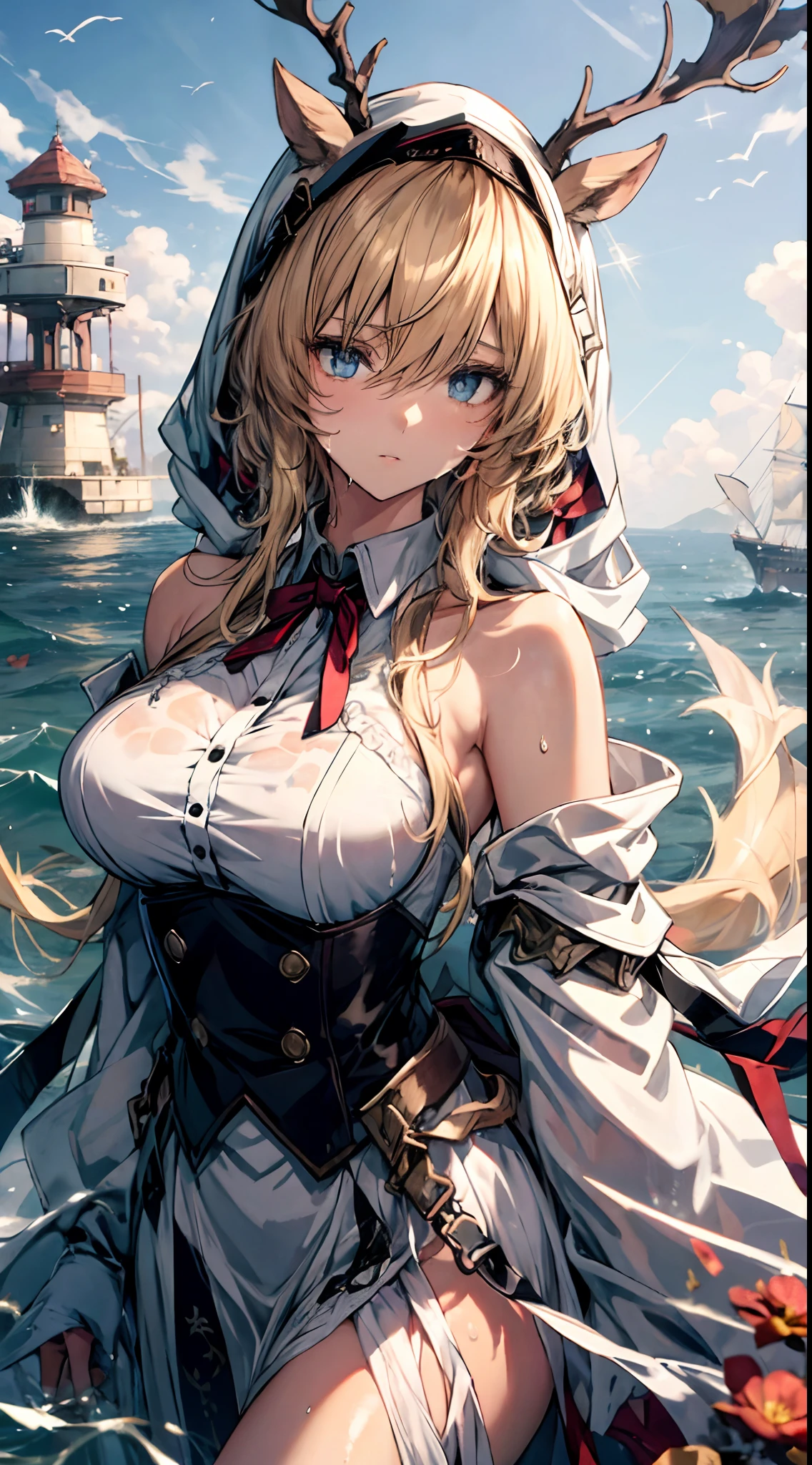 1female，35yo，plumw，extremely large bosom， 独奏，（Background with：Huge machinery，warships，the sea，battleships，Huge robots，nevando） She has long blonde hair，Long flowing hair，Standing at the bow of the ship，，seen from the front， hair straight， mostly cloudy sky，（（（tmasterpiece），（Very detailed CG unity 8K wallpaper），best qualtiy，cinmatic lighting，detailed back ground，beatiful detailed eyes，Bright pupils，Blue eyes，Snow-whiteskin，Redlip（Very fine and beautiful），（Beautiful and detailed eye description），ultra - detailed，tmasterpiece，））facing at camera，A high resolution，ultra - detailed），revealing breasts，Bare genitalia，  Bulge，legs are open，Raised sexy，Camel toes，Flushed complexion，Desire for dissatisfaction，frontage，Soviet Navy，Sailor cap，Snowflake decoration，（Wearing：，sailor uniformm，lacepantyhose）