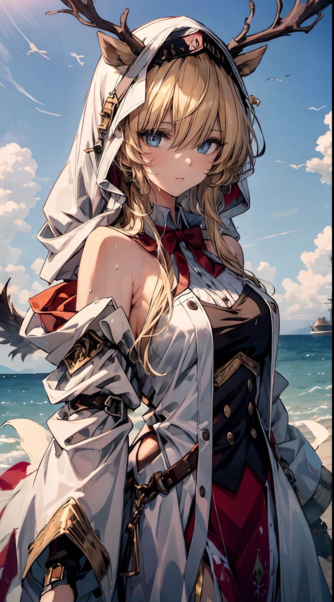 （（tmasterpiece））， （（（best qualtiy）））， （（ultra - detailed））， （（illustratio））， （（messy  hair））， （（frilld））， （1 rapariga）， （独奏）， dynamic angle， bigtopsleeves， afloat， Beautiful Details Sky， On the water in beautiful details， beatiful detailed eyes， over exposure， （Faust）， face expressionless， side blunt bangs， hairs between eyes， ribbons， neck bowtie， button， exposed bare shoulders， Detailed wet clothes， Blank gaze， pleatedskirt， florals