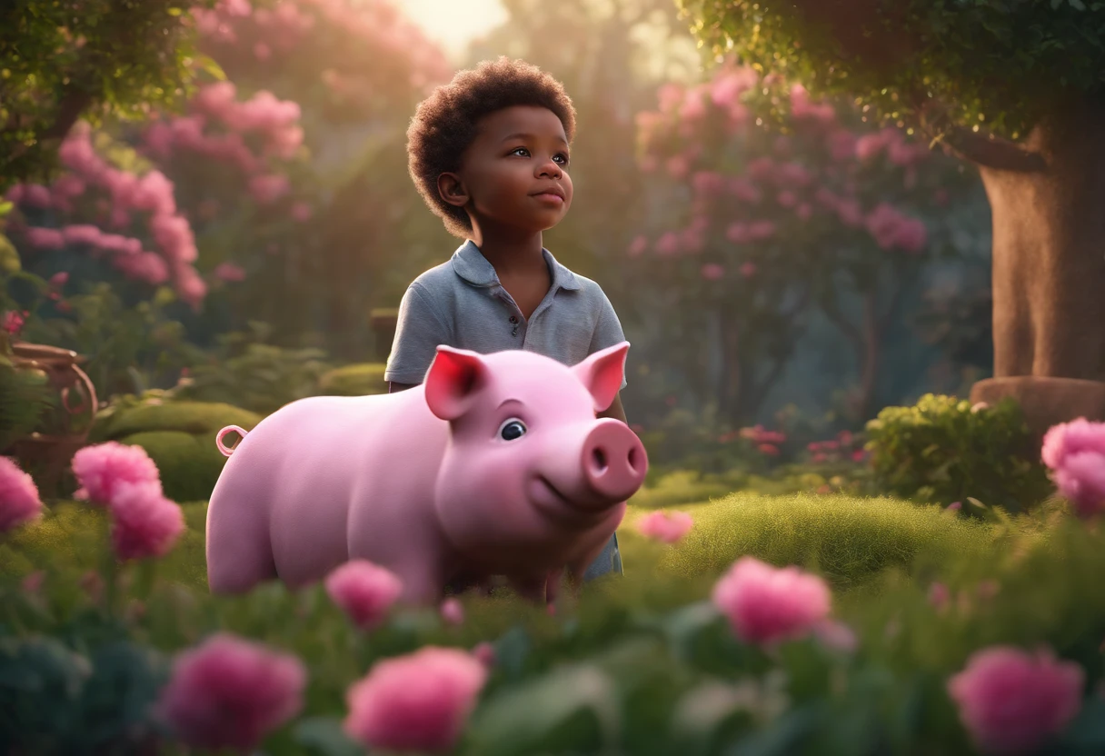 BLACK MALE AFRICAN 5 YEAR OLD SON IN A GARDEN WITH FLUFFY PINK PIG, NATURE, 8K, detailed matte painting, deep color, fantastical, intricate detail, splash screen, complementary colors, fantasy concept art, 8k resolution trending on Artstation Unreal Engine 5"