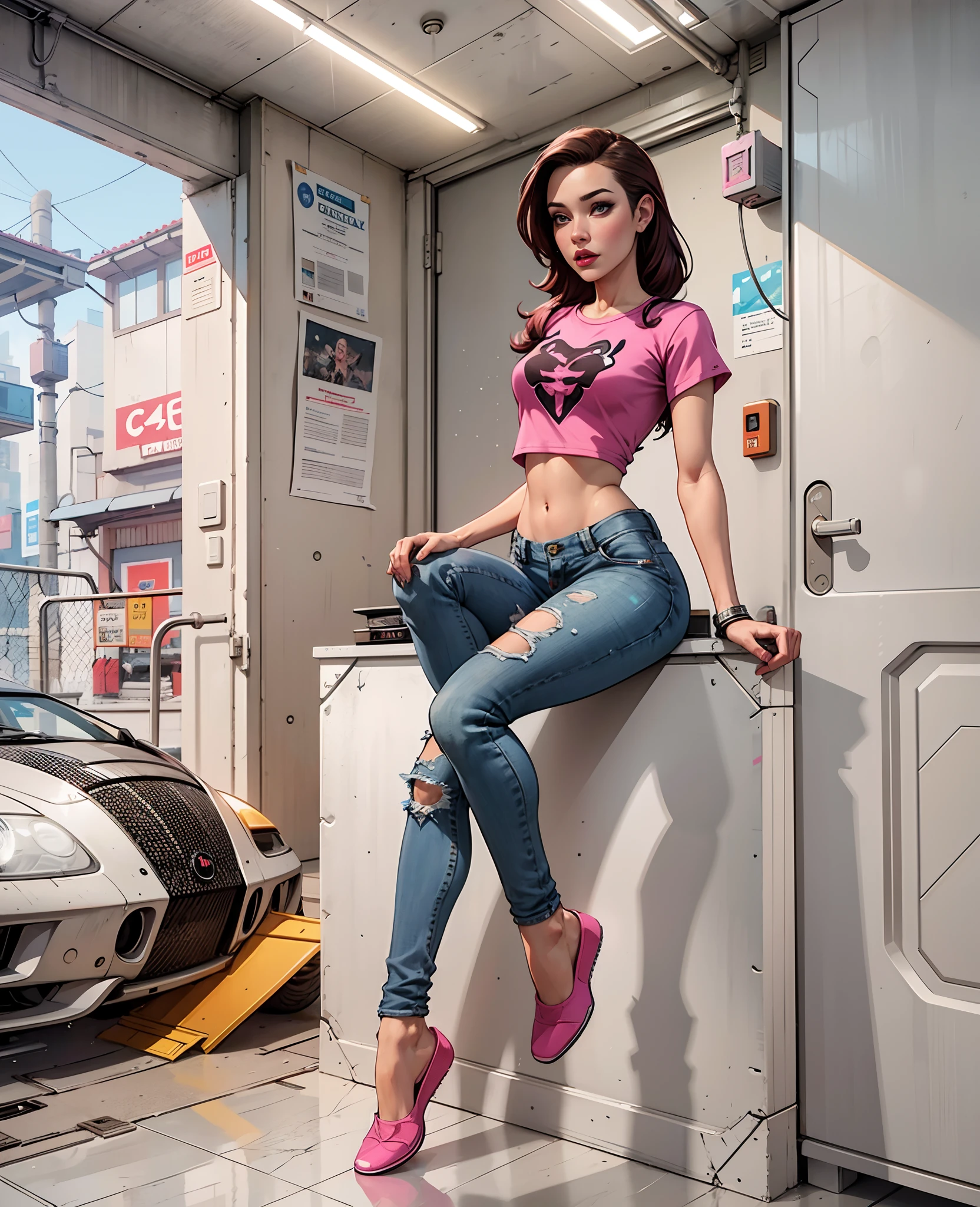 Highest quality,The perfect masterpiece,Perfect artwork,8K, 1girl, sitting on a ledge, with ripped crop t - shirt, she is wearing streetwear, jisoo from blackpink, casual clothes, casual pose, kawaii shirt and jeans, pink clothes, ulzzang, vibrant aesthetic, full body cute young lady, small breast, wearing a cropped tops, wearing crop top, in pastel colors, illusion,Cyberpunk,fashion trend,3s material,high-definition,detail representation,c4d,3D,octane rendering,ray tracing,complex details,animated lighting,OCrenderer,8k, birthday party, balloons,